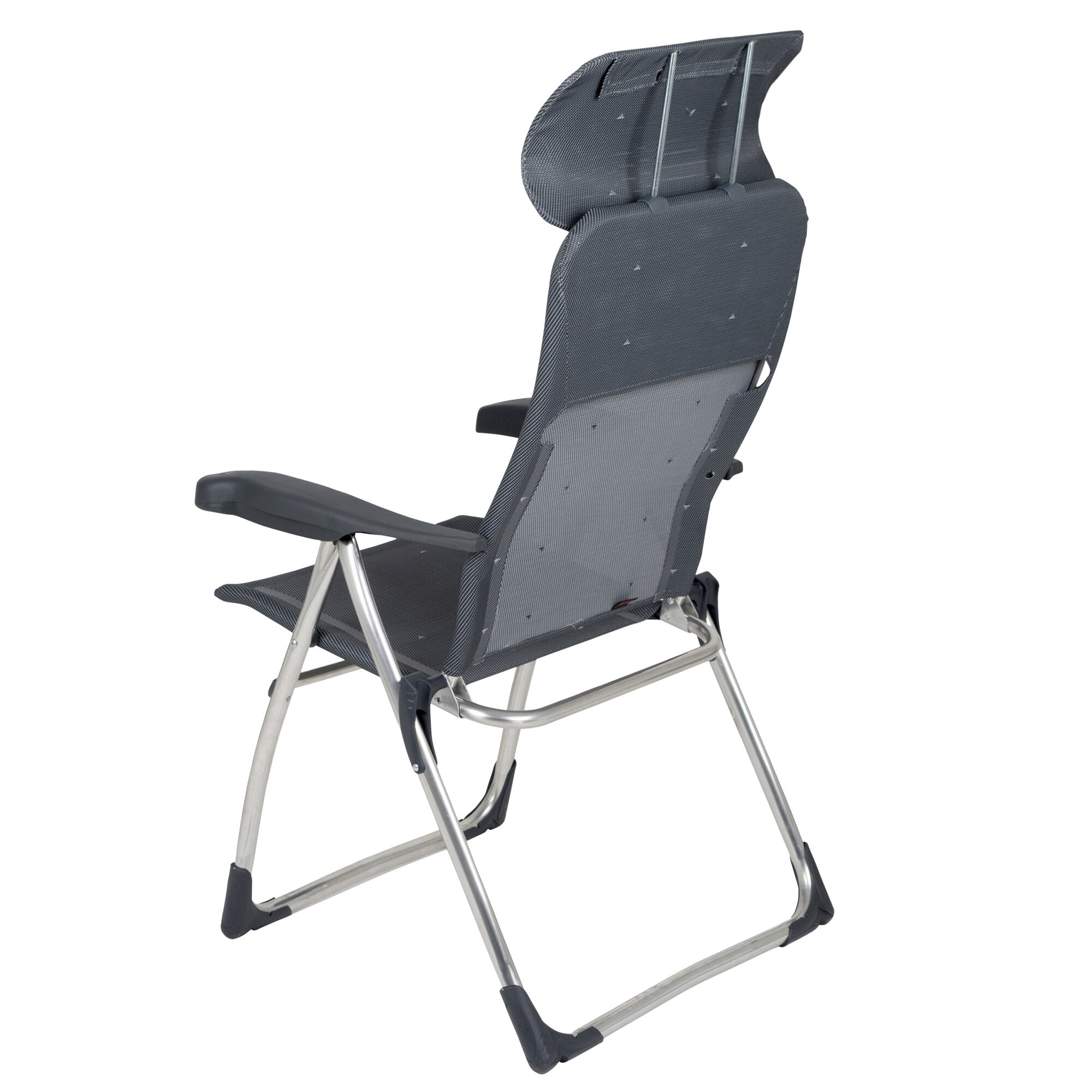 Faltbarer Campingstuhl XS AL/215 Compact mit hohem Rücken, dunkelgraues Mesh-Gewebe, silbernem Rahmen und Armauflage, Gummifüße