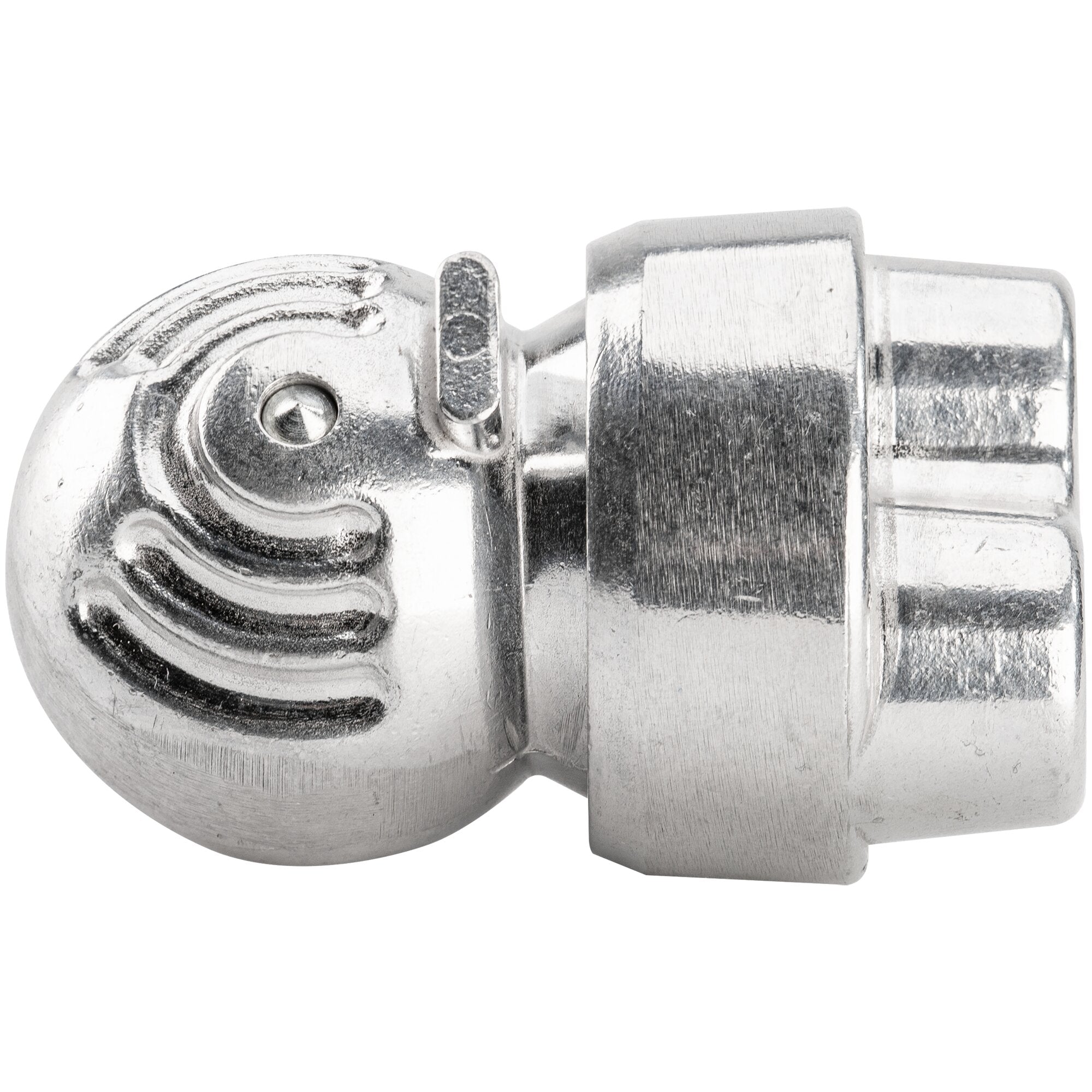 Detailaufnahme eines silbernen Metallverschlusses mit runder Scheibe und rechteckigem Gehäuse, Teil einer Diebstahlsicherung Alu-King