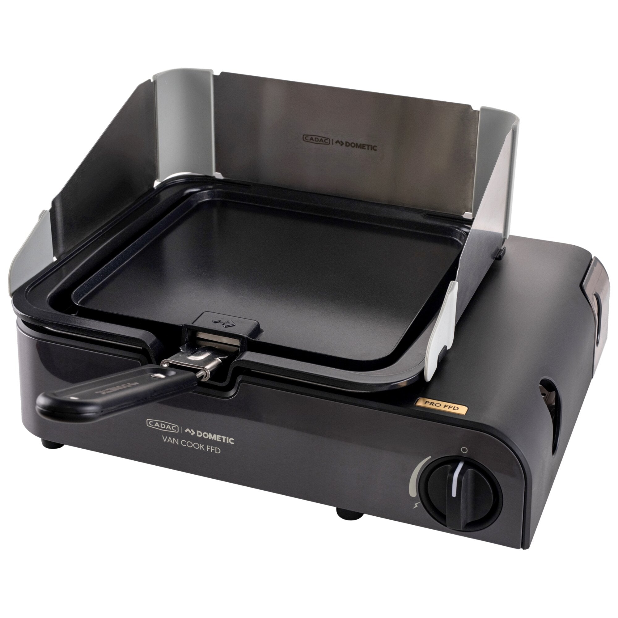 Campingkocher Van Cook FFD Combo mit schwarzem Gehäuse, aufklappbarem Metall-Windschutz und Brennerplatte; CADAC/DOMETIC-Logo