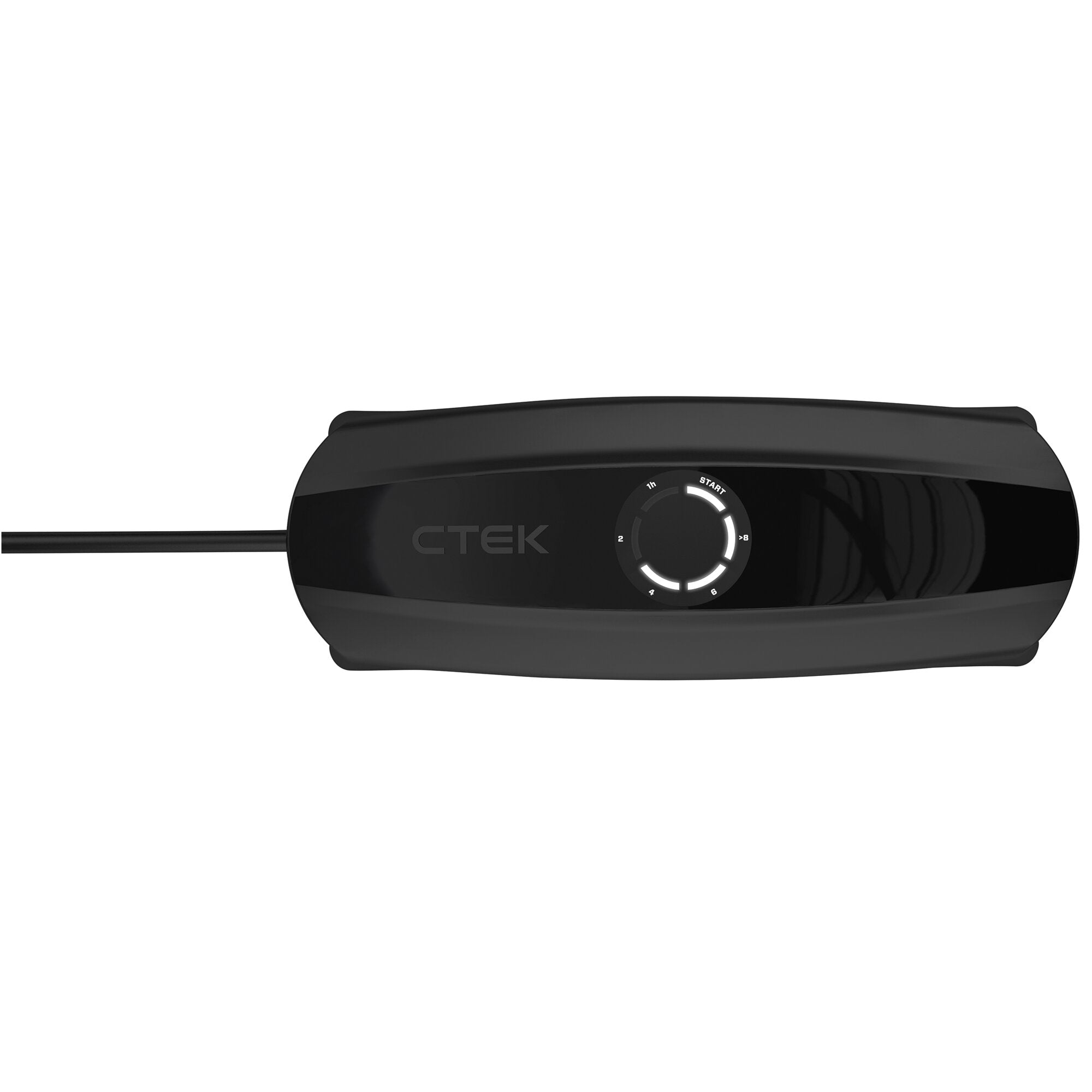 CS One 8-Ampere Batterielade- und Wartungsgerät in schwarzem Gehäuse, seitlich liegendes Kabel, runder Einstellknopf mit START-Markierung