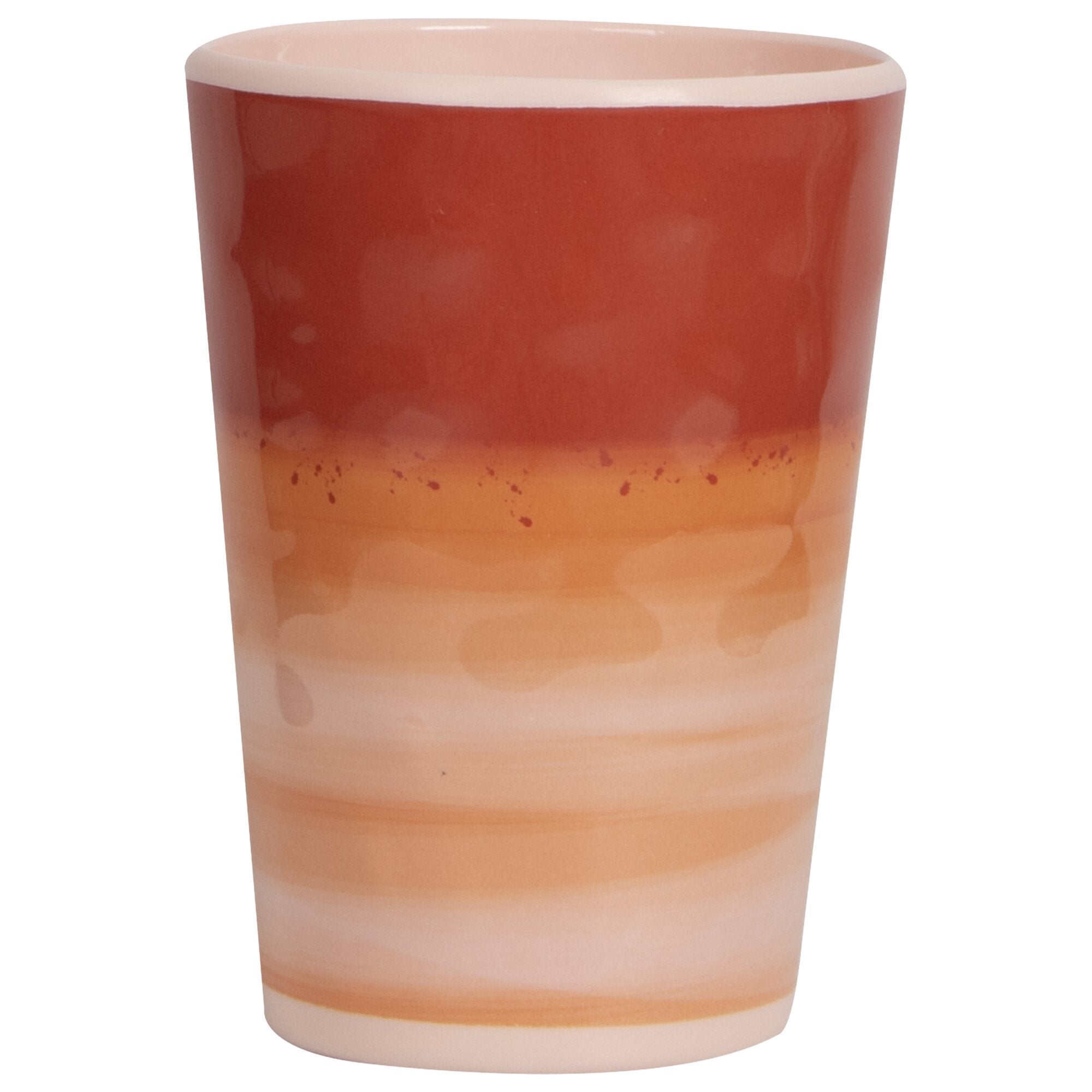 Nahaufnahme eines Terra-Trinkbechers Halo, 4-teilig, mit rotem und orangefarbenem Farbverlauf, glasierter Oberfläche und hellem Innenrand