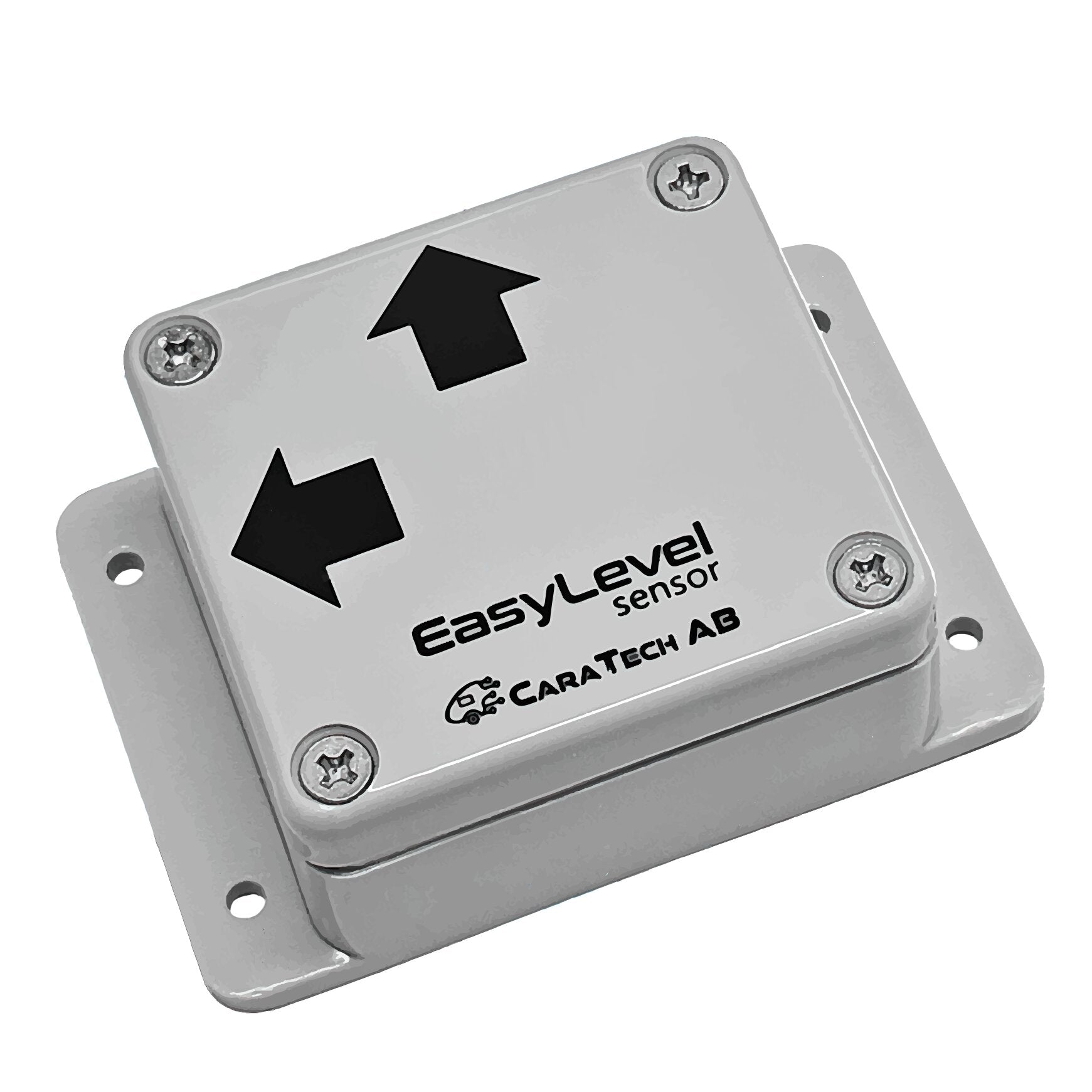 Graues Gehäuse des EasyLevel Sensor mit vier Schrauben, zwei Pfeilen auf der Oberseite und dem Schriftzug EasyLevel sensor