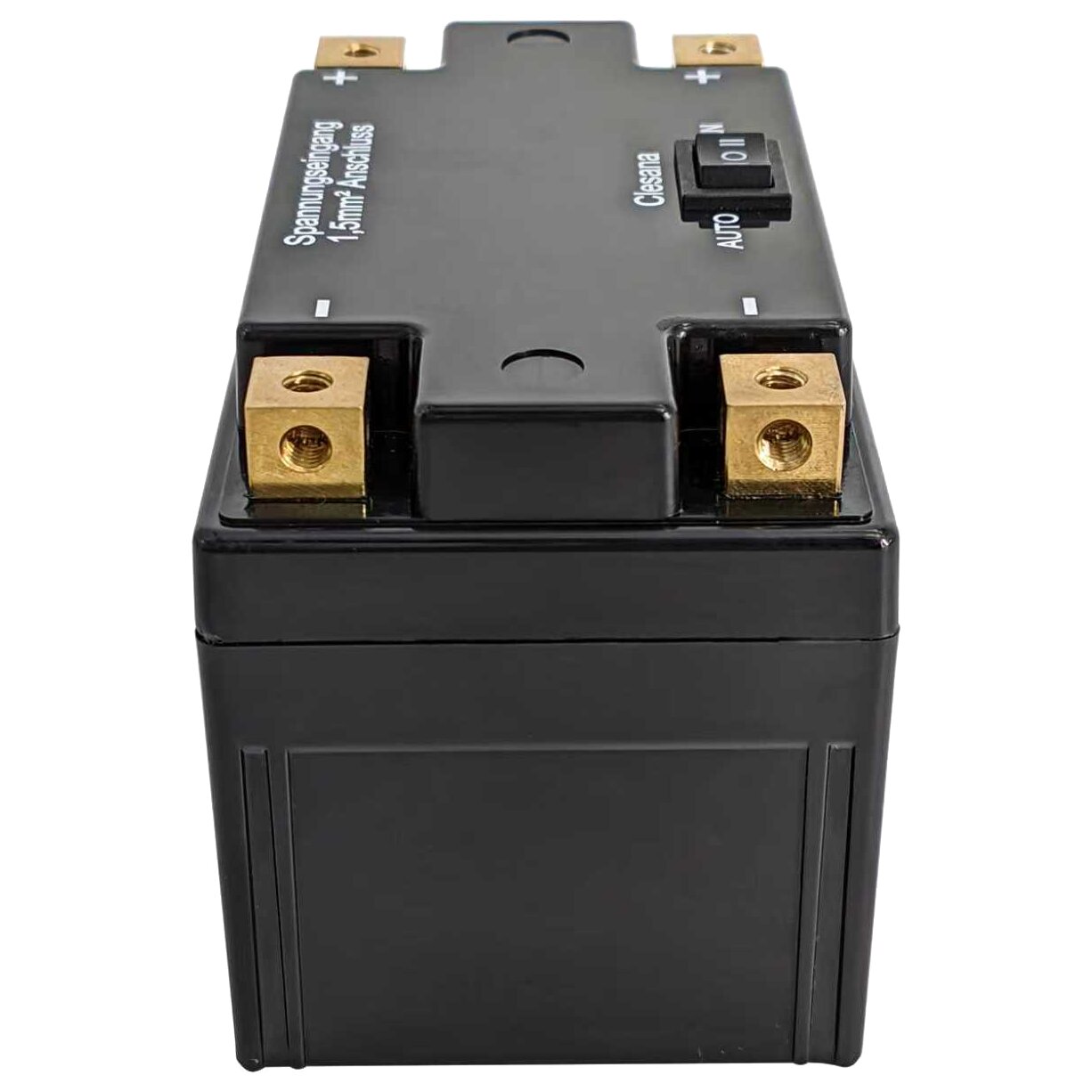 Schwarze Lithium-Batterieblock mit goldfarbenen Anschlussklemmen an der Oberseite, Plus- und Minusmarkierungen und einem AUTO/ON-Schalter