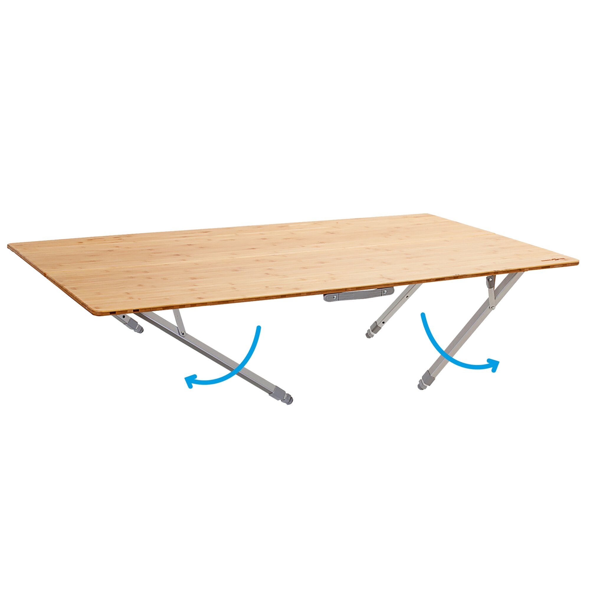 Faltbarer Campingtisch mit heller Holzplatte und Metallgestell, rechteckige Tischfläche und sichtbare klappbare Beine
