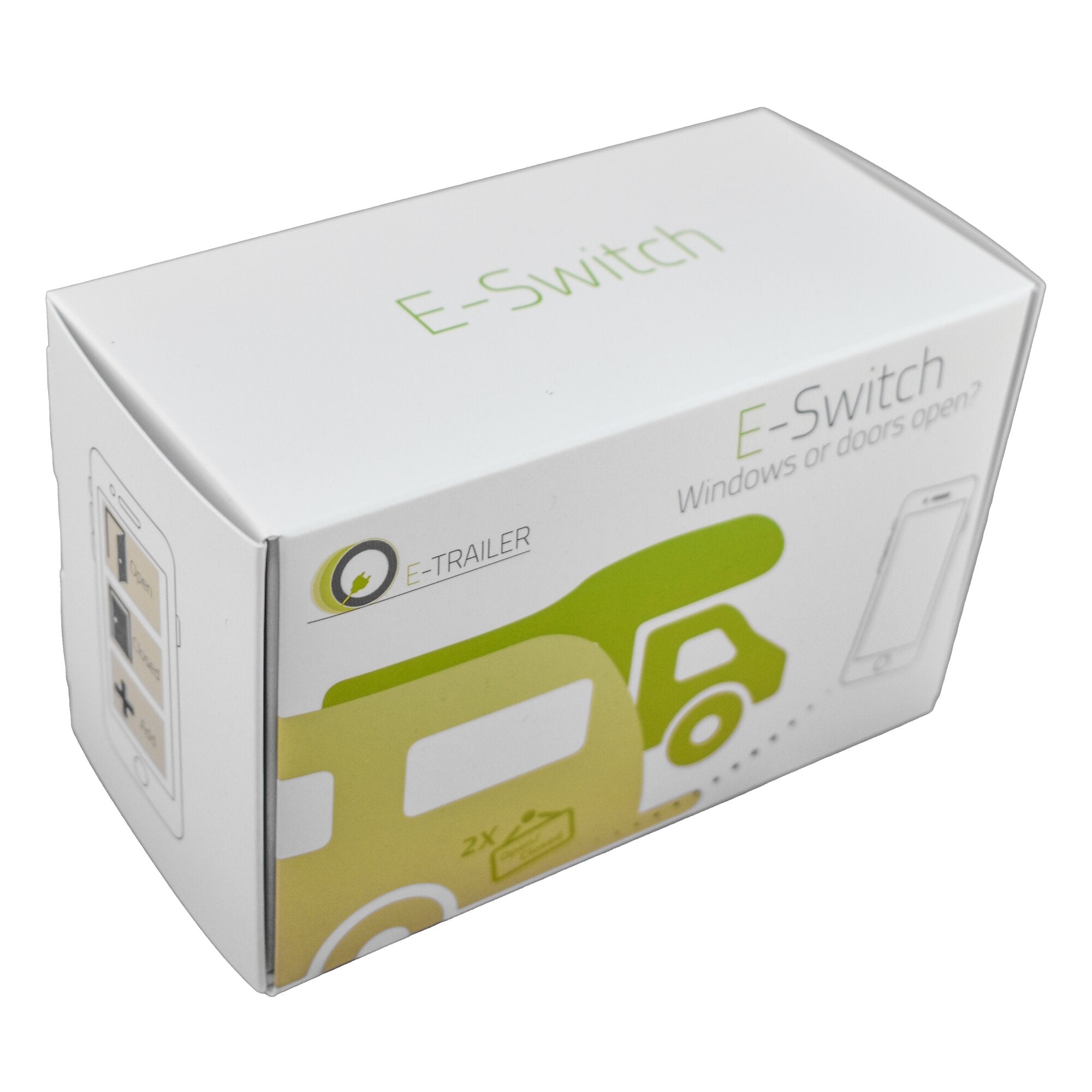 Weiße Verpackung eines E-Switch Sensors zur Überwachung von Türen und Fenstern, sichtbar grünes E-Switch Logo und der Text Windows or doors open