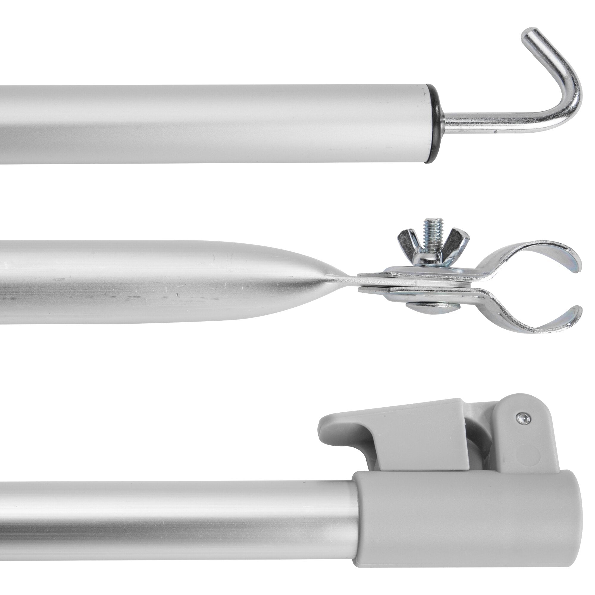 Silberne Aluminium-Dachstange mit gebogenem Endhaken und Klemmvorrichtung, Länge 250 cm, Durchmesser 28 mm, Schrauben sichtbar