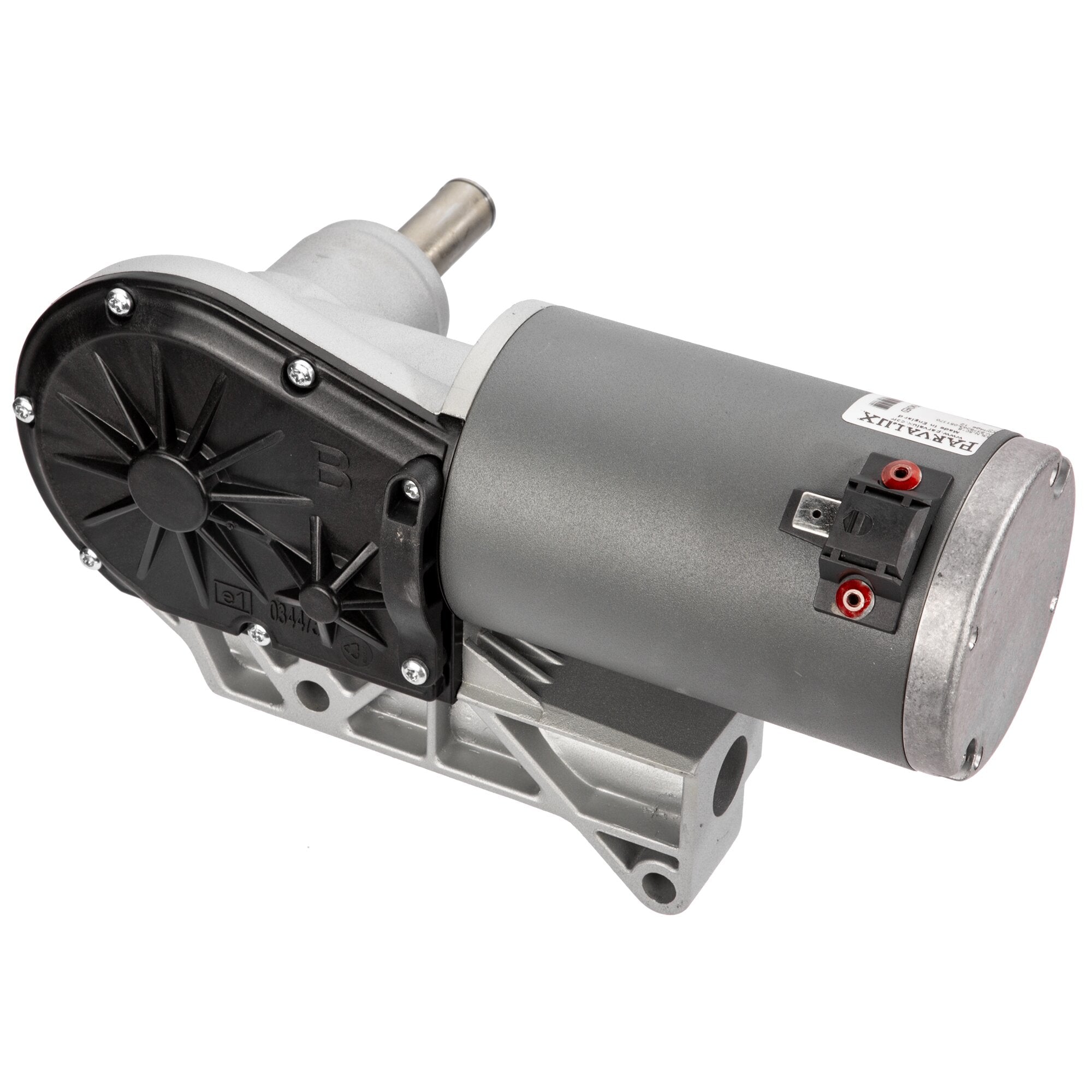 Motor-Getriebe B in Seitenansicht: graues Gehäuse, sichtbare Abtriebswelle aus Metall, schwarze Endplatte mit Schrauben und montierter Grundplatte