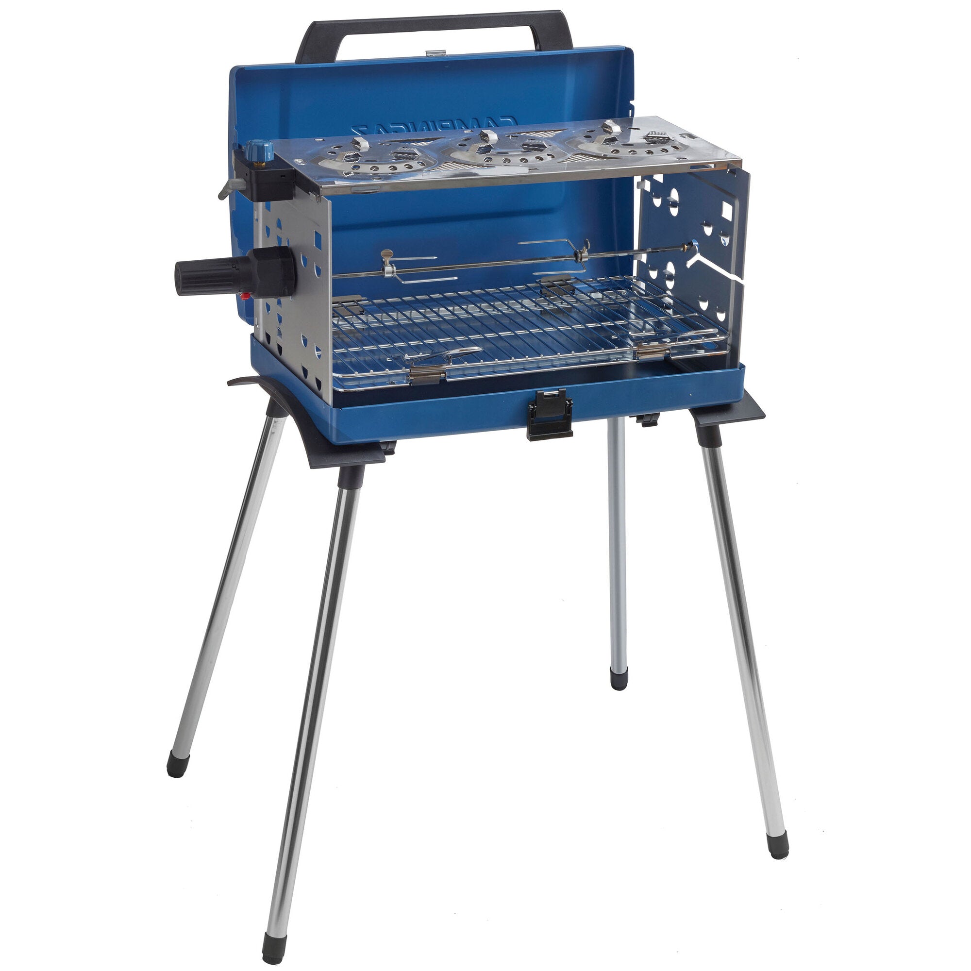 Blauer portabler Koffergasgrill mit offenem Innenraum, zwei Brennerplatten aus Edelstahl, Grillrost, seitlicher Gasregler und faltbare Beine