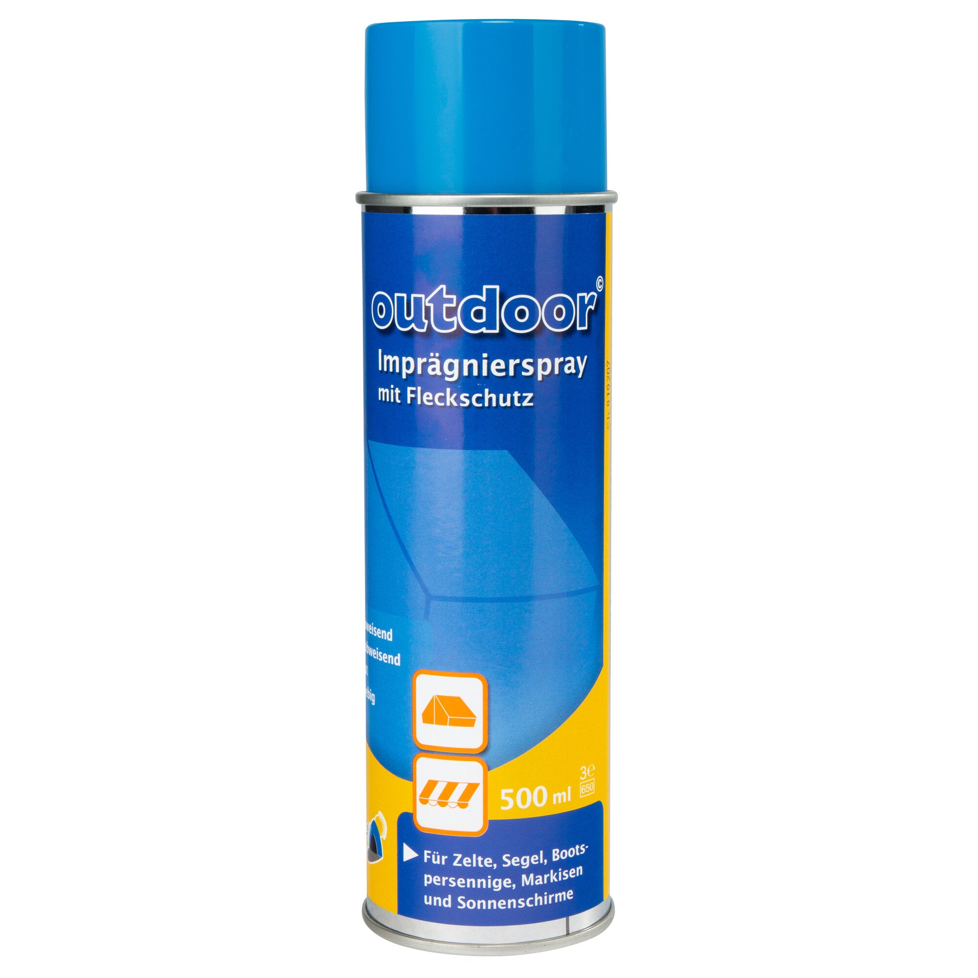 Blaues Aerosol-Spray mit blauem Deckel; Etikett zeigt outdoor Imprägnierspray mit Fleckenschutz, 500 ml