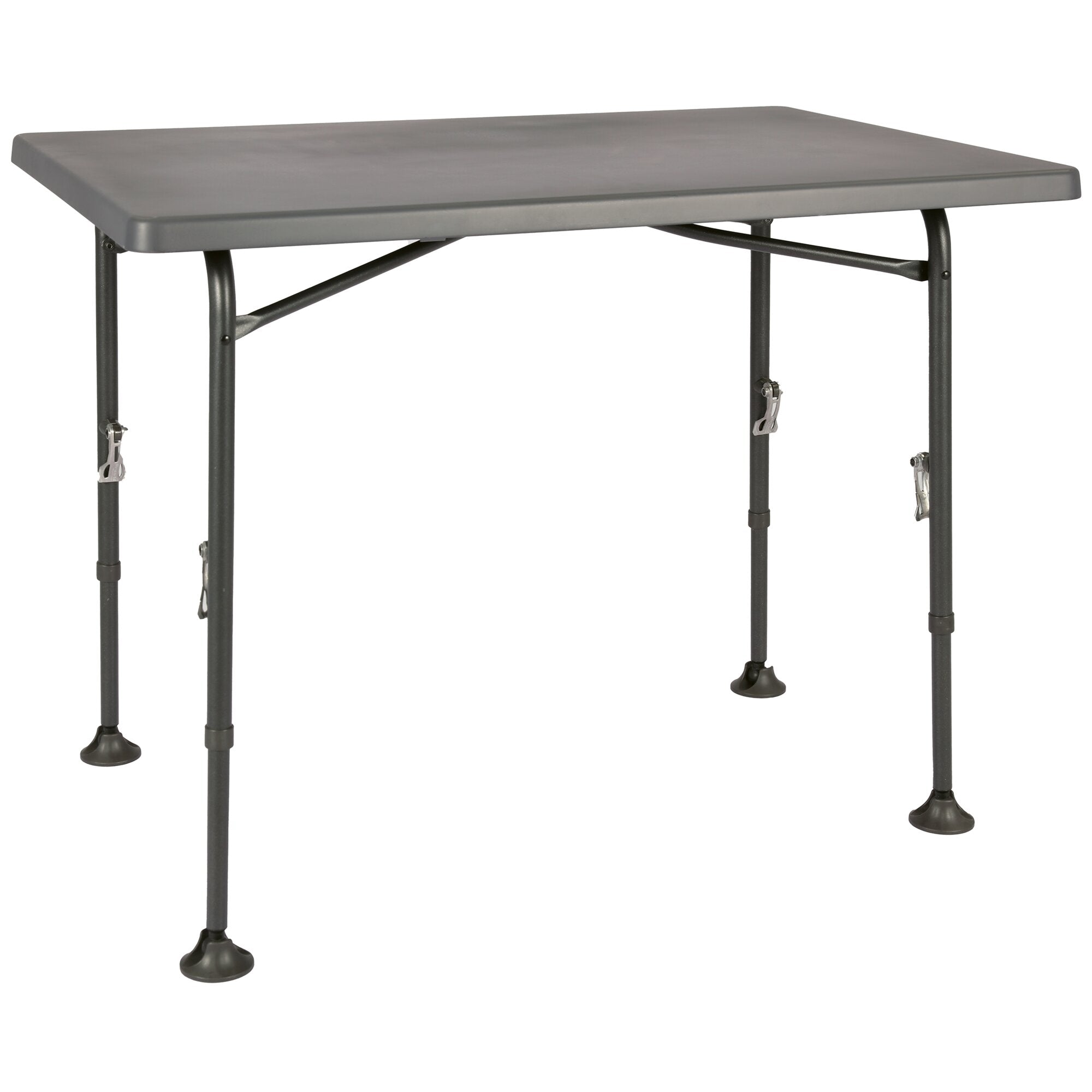 Campingtisch Resino mit grauer Platte, schwarzen Metallbeinen, diagonalen Querstreben und runden Kunststofffüßen
