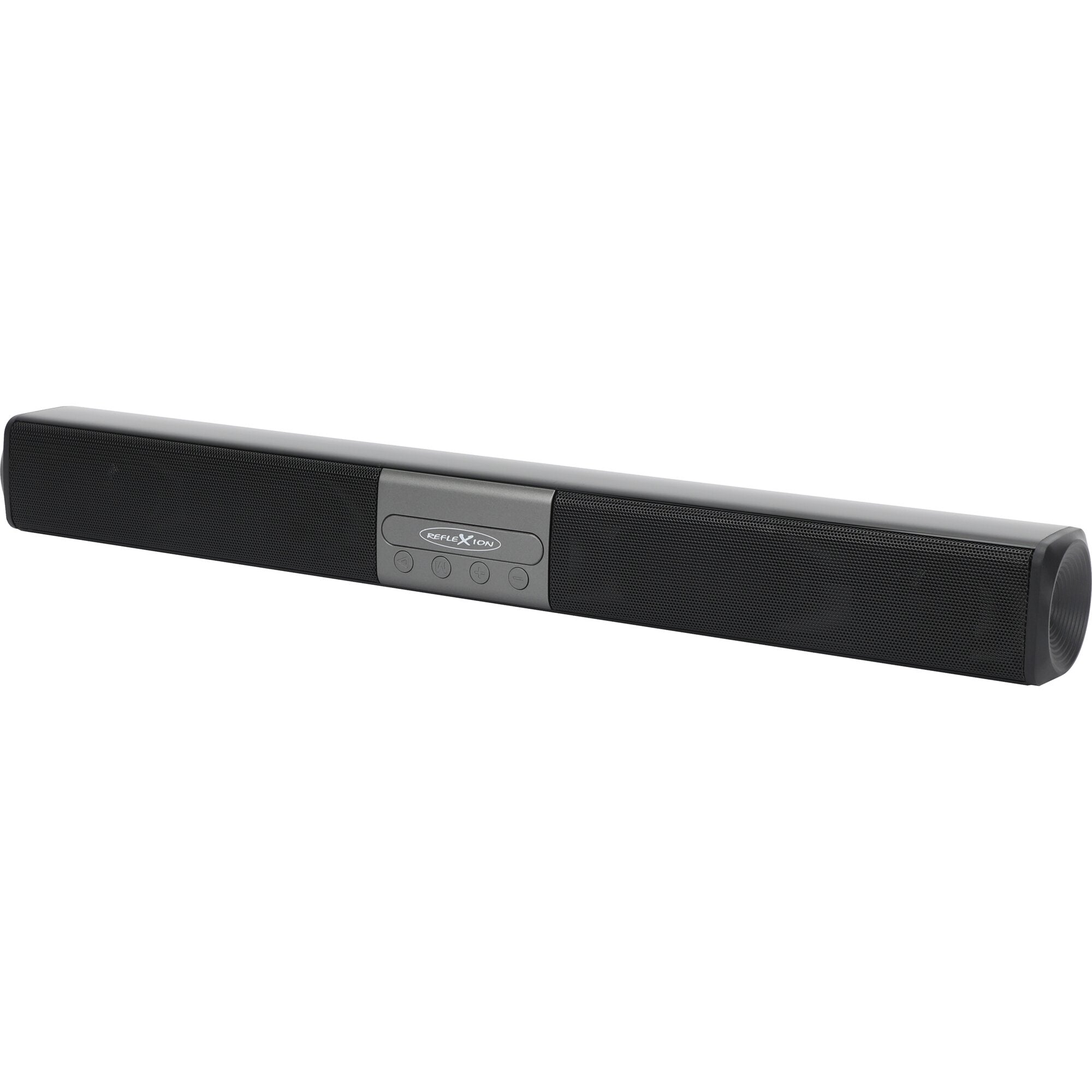 Schwarze Reflexion SB240 Soundbar mit langem Gehäuse, Frontgitter aus Mesh und zentralem Bedienfeld mit runden Tasten und Reflexion-Logo