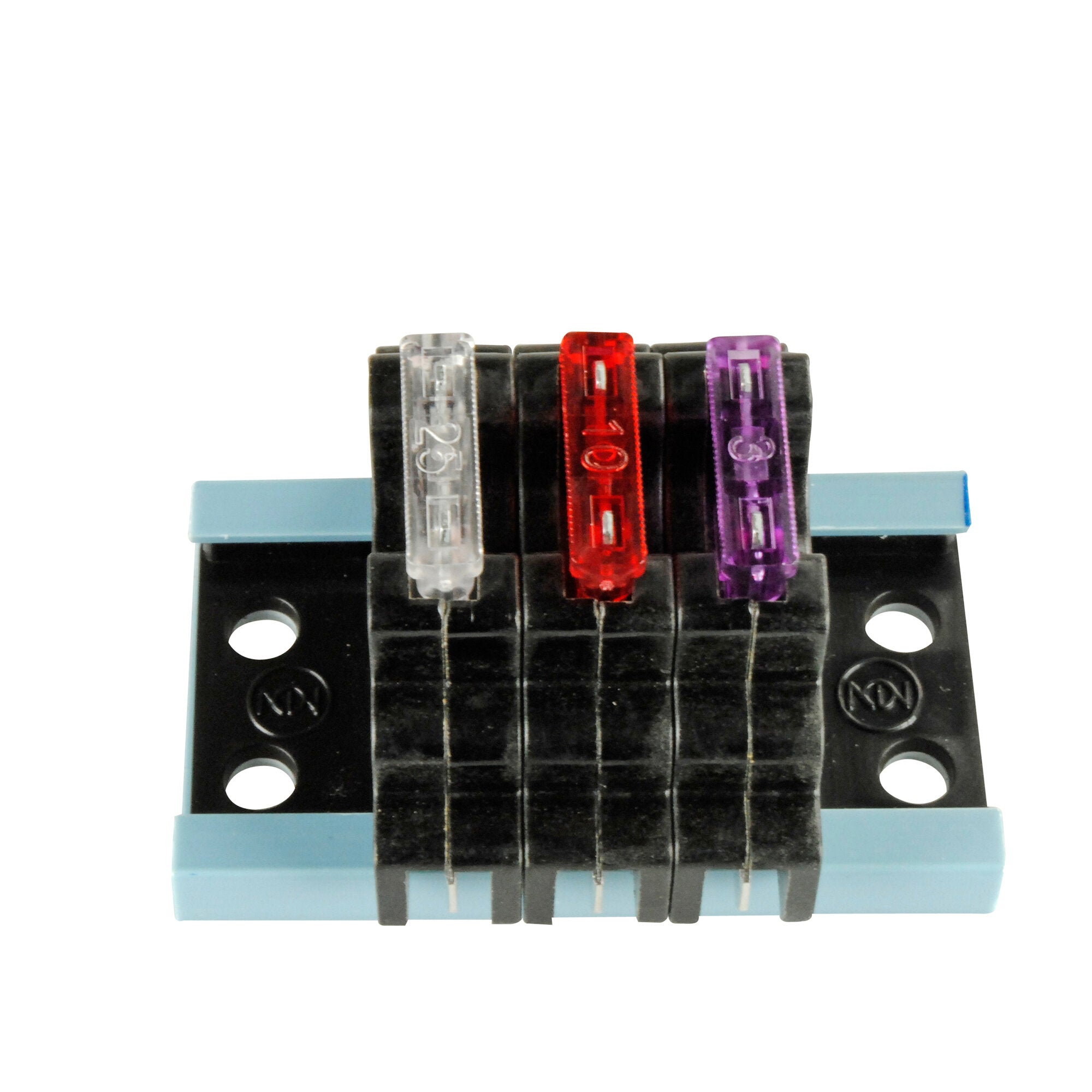 3-fach-Sicherungshalter mit drei farblich codierten Sicherungen transparent, rot und lila in schwarzem Halter auf blauem Sockel