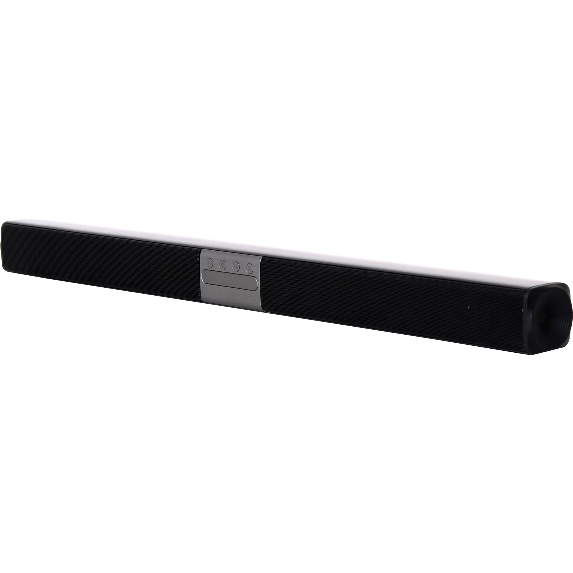 Reflexion SB300 Soundbar, langes schwarzes Soundsystem mit Stofffront und silbernem mittigem Bedienfeld mit runden Knöpfen