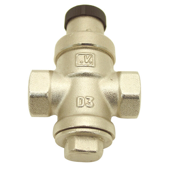 Messing-Druckminderer mit vier seitlichen Anschlussgewinden, zentrales Kreuzgehäuse, oberer schwarzer Einstellknopf, D3-Prägung mit Logo