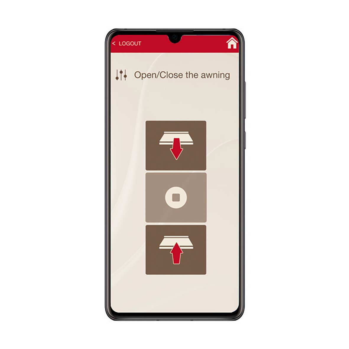 Smartphone-Bildschirm zeigt App zur Markisensteuerung: beiger Hintergrund, drei braune quadratische Tasten mit Pfeil-Icons, Open/Close the awning
