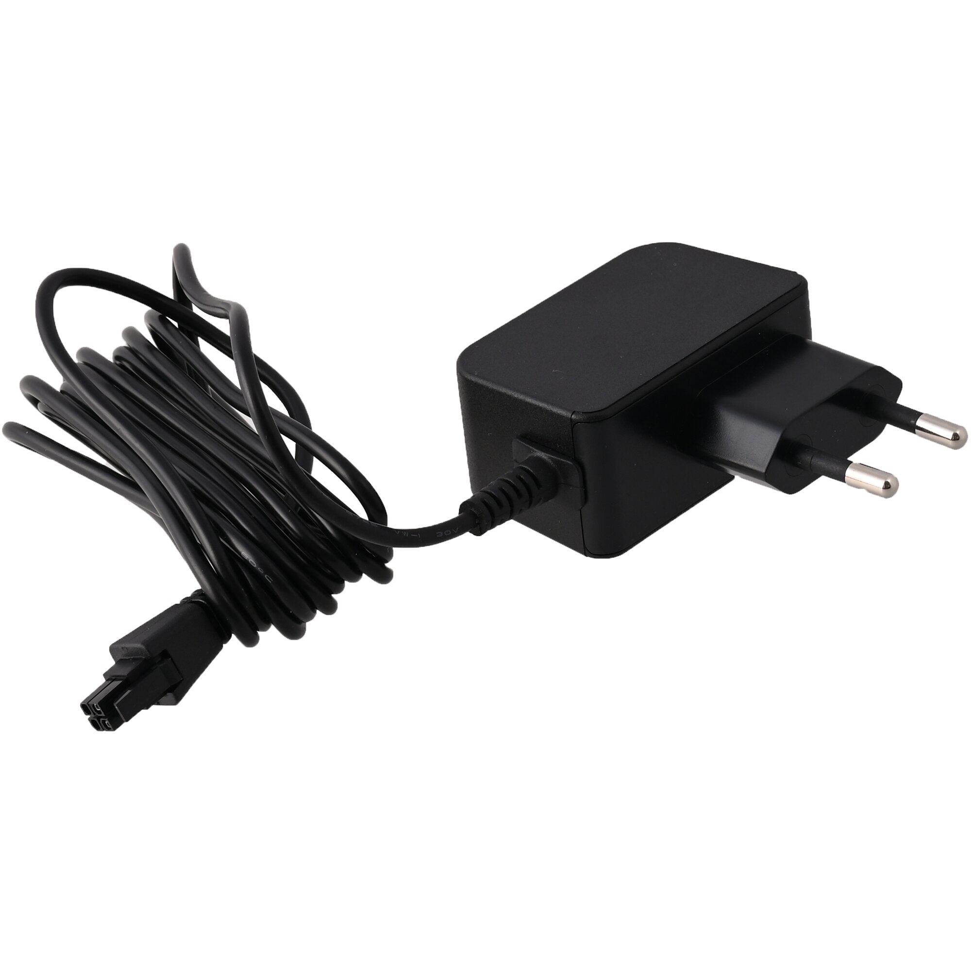Schwarzes Netzteil mit langem, aufgewickeltem Kabel, EU-Stecker mit zwei runden Stiften und am anderen Ende eine Steckverbindung