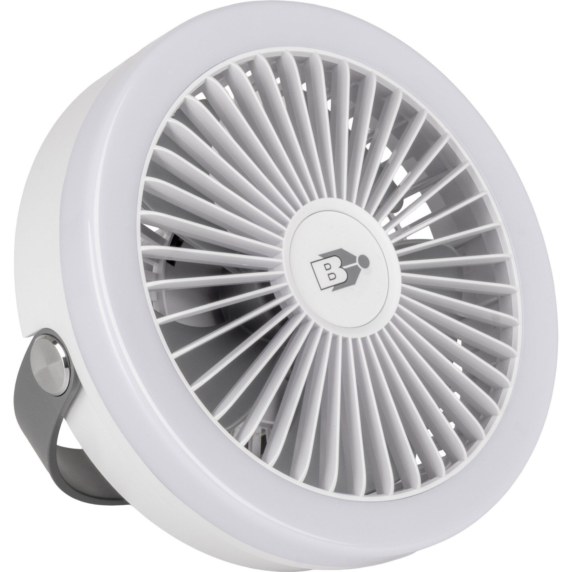 Detailaufnahme eines weißen runden Moonbelle RG Tischventilator mit radialem Stäbengitter, sichtbarem Ventilatorblatt und Gehäuse