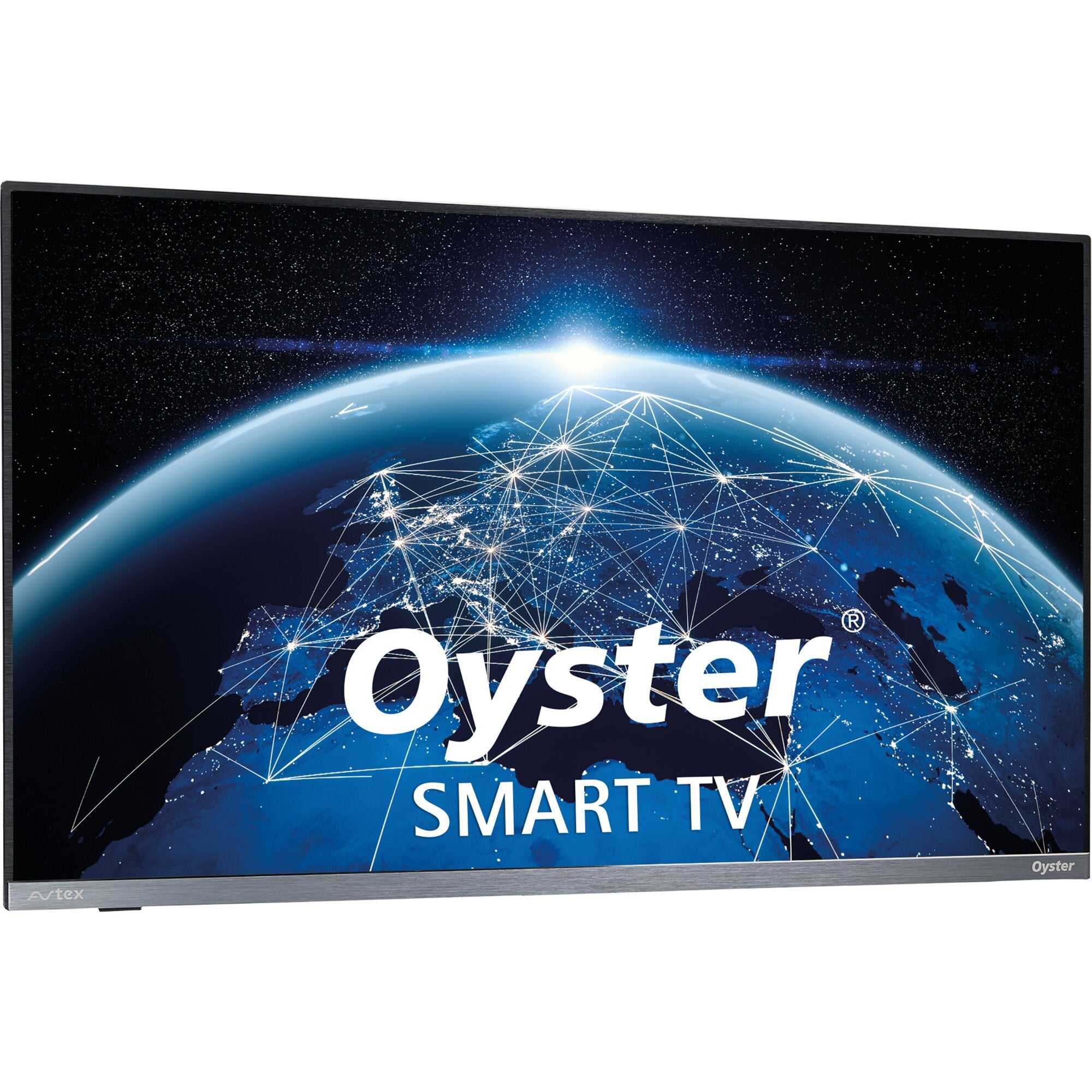 Oyster 24 Zoll TFT-LED-Flachfernseher mit schwarzem Rahmen; Bildschirm zeigt Erde mit Netzlinien, Sternenhimmel und Oyster-Schriftzug SMART TV