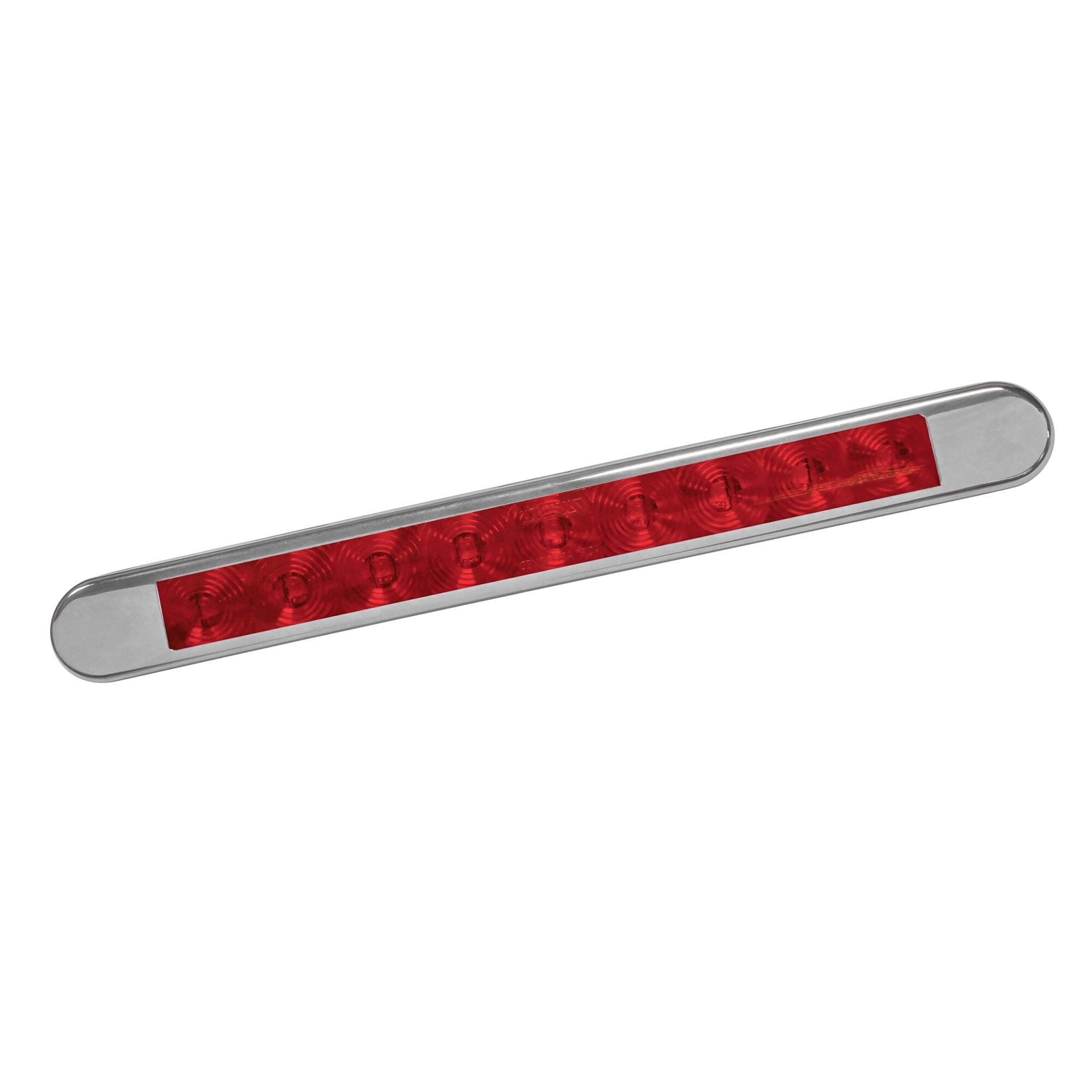 Längliche rote LED-Bremsleuchte in silbernem Gehäuse mit abgerundeten Endkappen, Leistenform, mehrere LED-Lichtquellen sichtbar