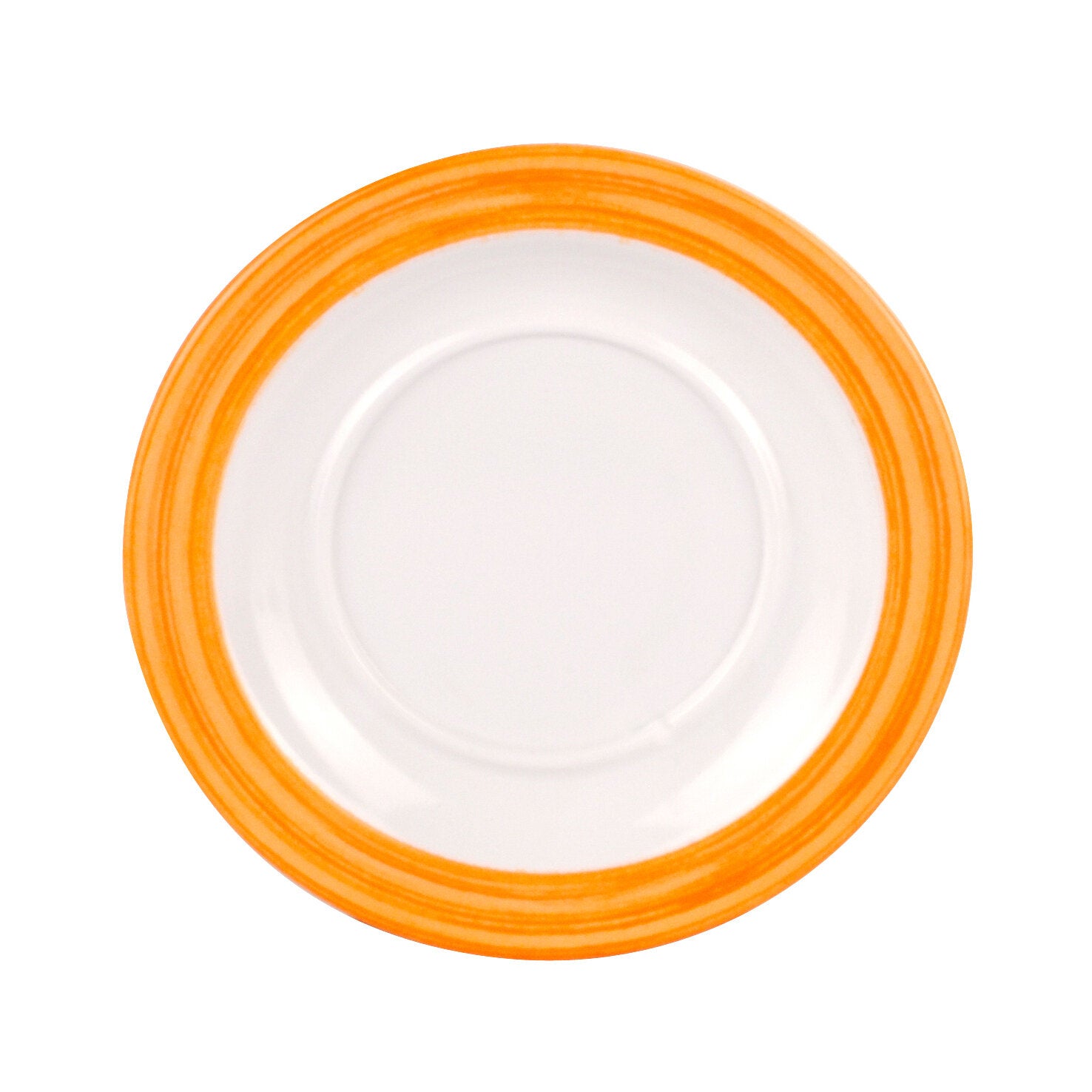 Runde Untertasse mit weißem Innenbereich und orange gestreiftem Rand, Teil der Family Bistro Geschirrserie