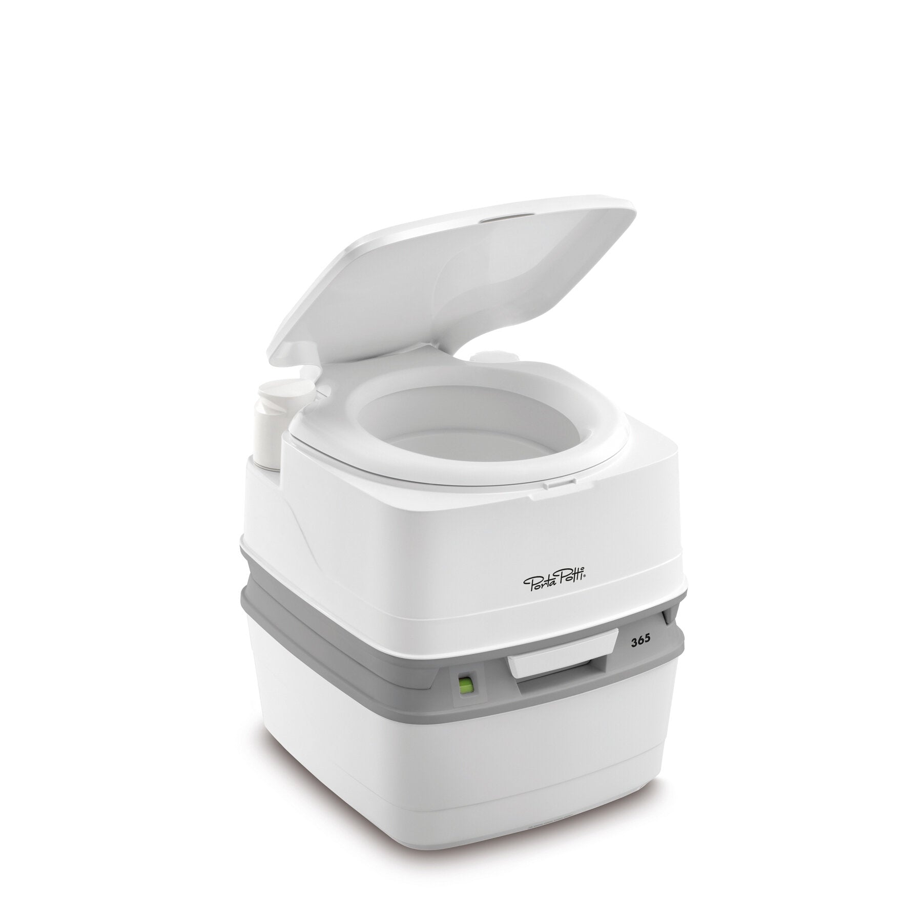 Weißer Porta Potti Campingtoilette mit offenem Deckel, seitliche Perspektive, grauer Unterbau, Logo Porta Potti sichtbar