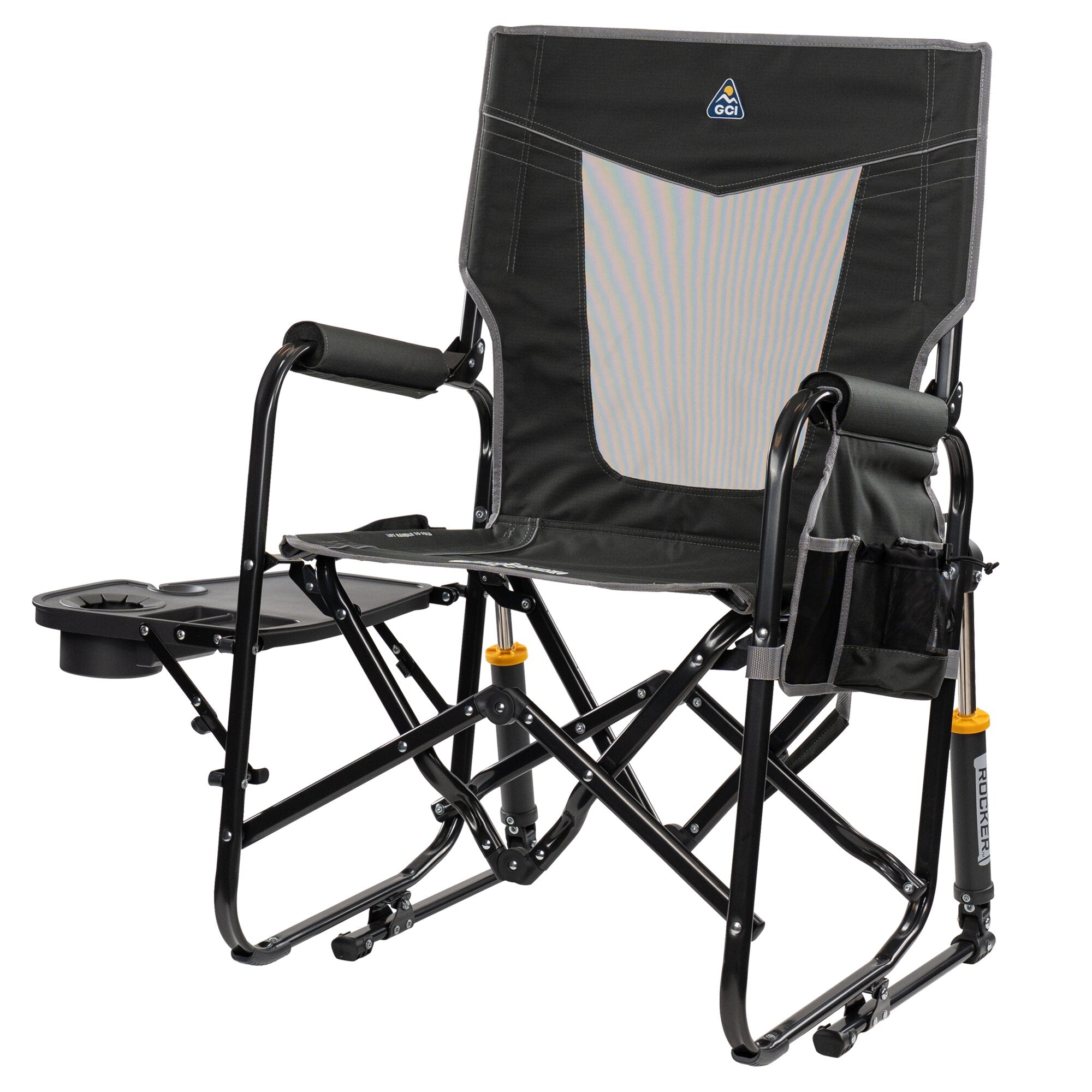 Anthrazitfarbener Camping-Schaukelstuhl Stowaway Rocker mit Tisch, Rückenlehne aus Stoff, graue Ziernähte, Seitentisch mit Cupholder
