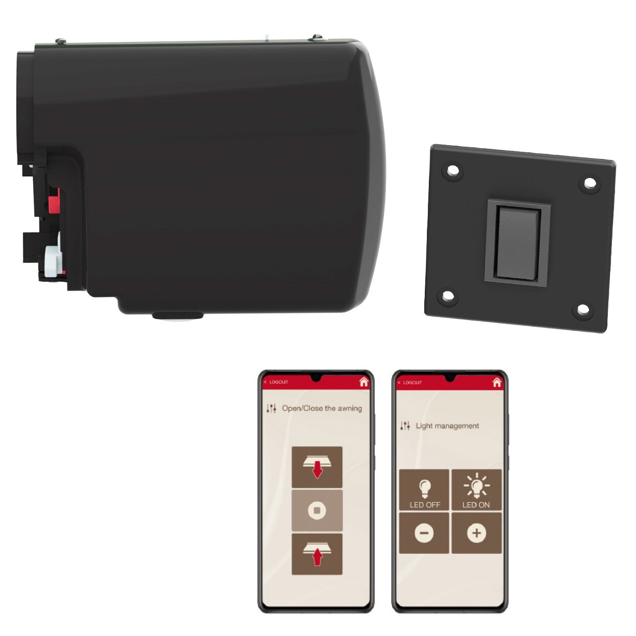Motor Kit Advanced F45s, schwarz: schwarzes Gehäuse mit Wandschalter und zwei Smartphones mit App-Oberfläche zur Markisensteuerung