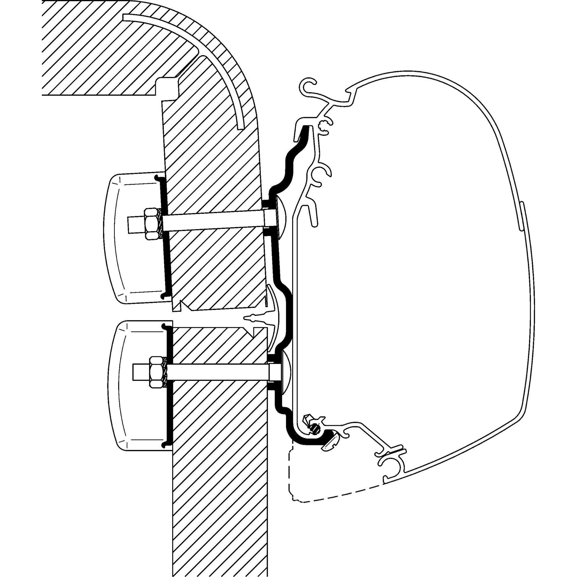 Detailzeichnung eines Adapters für Hymer Exsis/Hymer Camp ab 2012, Querschnitt eines runden Montagesystems mit Bolzenverbindung und Dichtungen