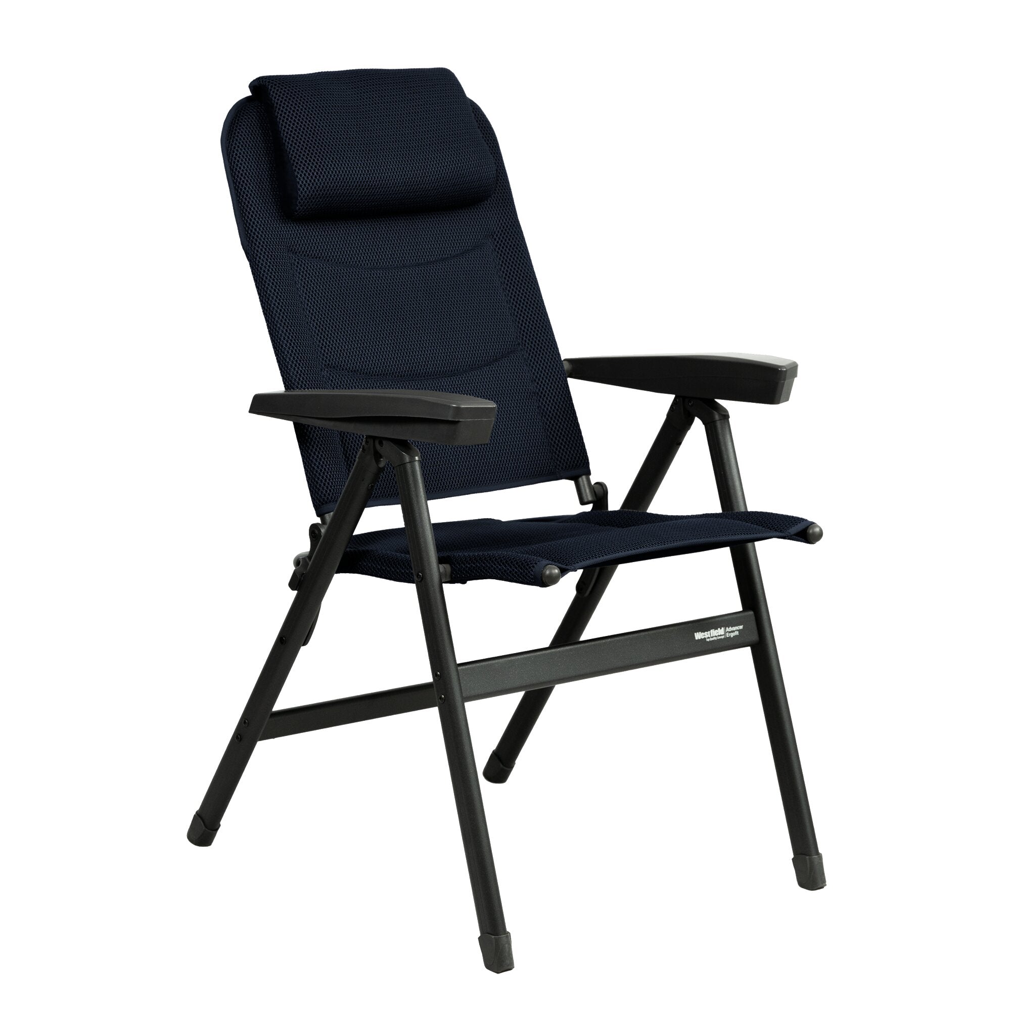 nachtblauer Advancer Ergofit Campingstuhl mit Nackenpolster, Mesh-Rücken und Armlehnen, schwarzes Metallgestell, kompakt klappbar