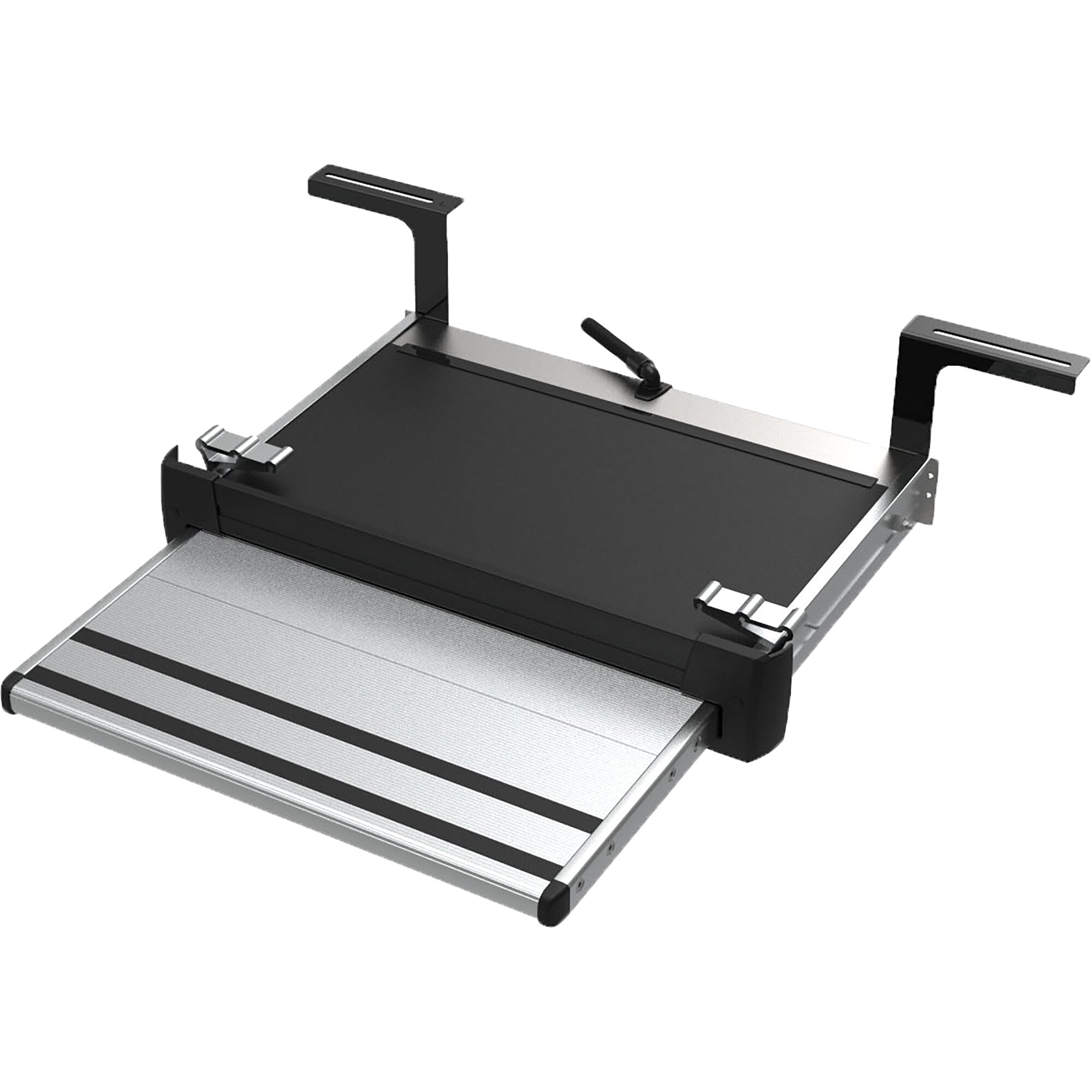 Schwarze Thule Slide-Out Step Trittstufe: zwei senkrechte Stützen mit horizontalen Oberteilen, rutschfeste Oberfläche, Metallkonstruktion