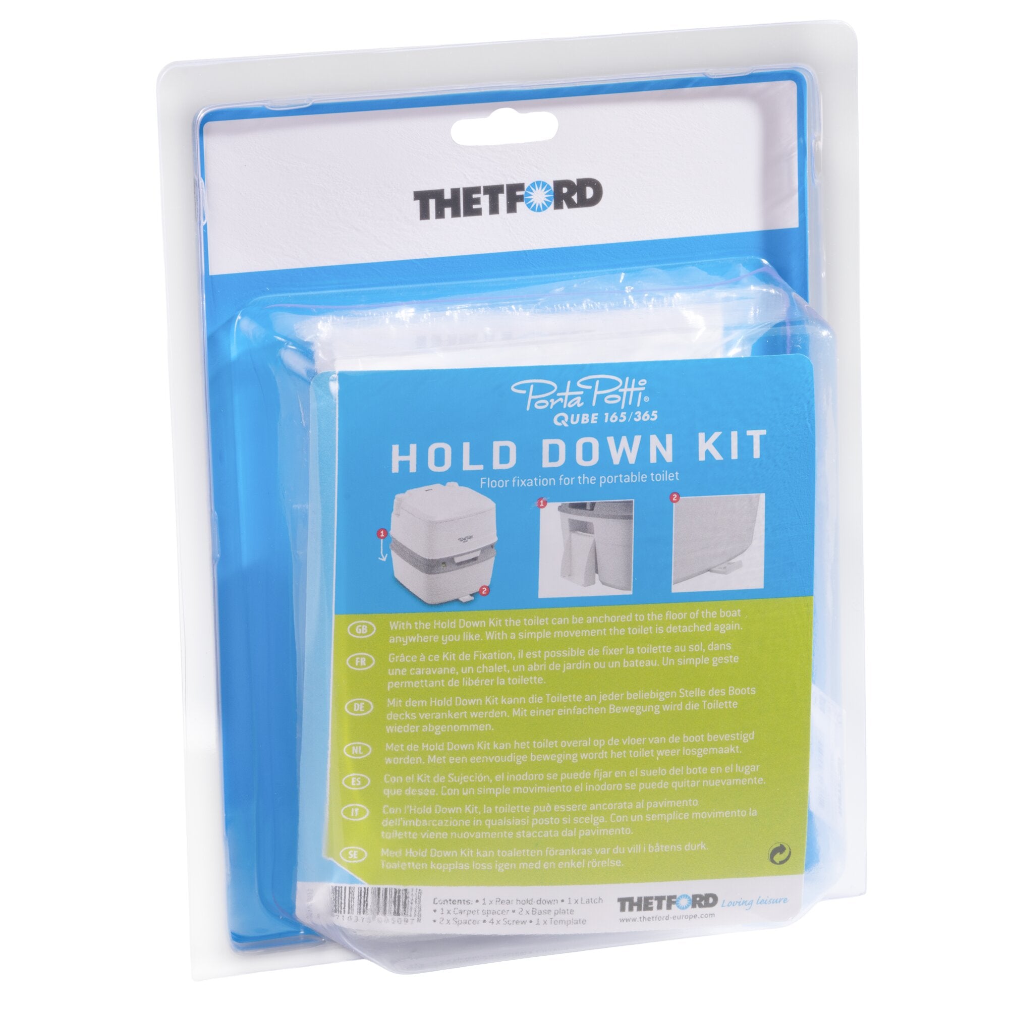 Blau-weißes Verpackungsdisplay mit dem Text HOLD DOWN KIT, Thetford-Logo und Diagramm eines tragbaren WCs, Installationsanleitung sichtbar