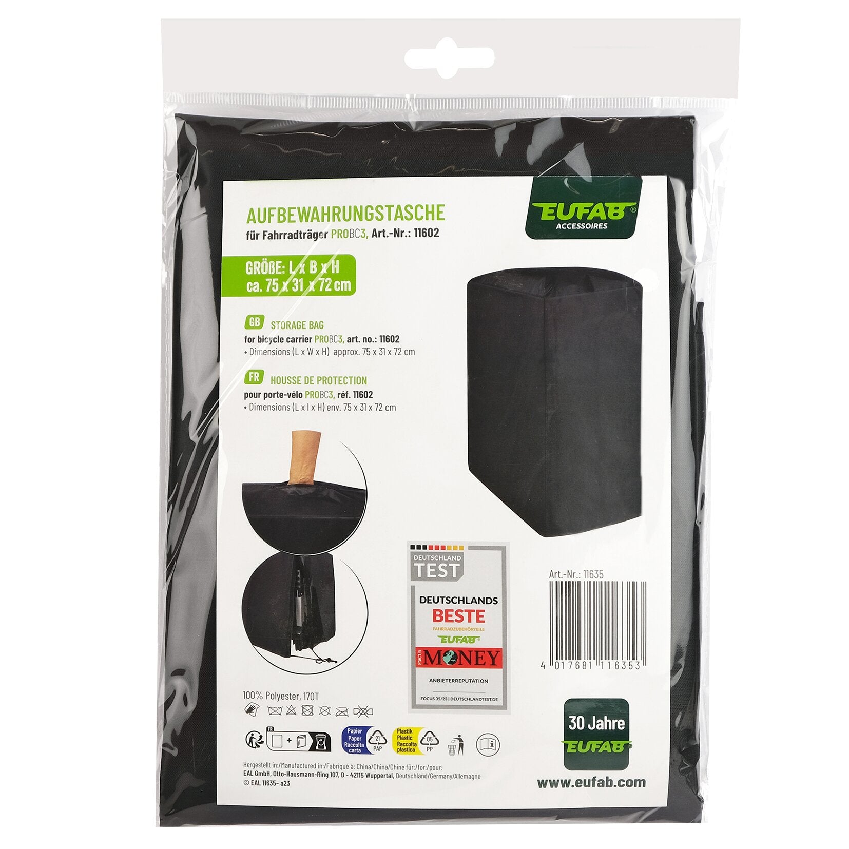 Schwarze Aufbewahrungstasche in transparenter Verpackung; Etikett zeigt AUFBEWAHRUNGSTASCHE für Fahrradträger PROBC3, Größe ca. 75 × 31 × 72 cm, EUFAB-Logo und Barcode