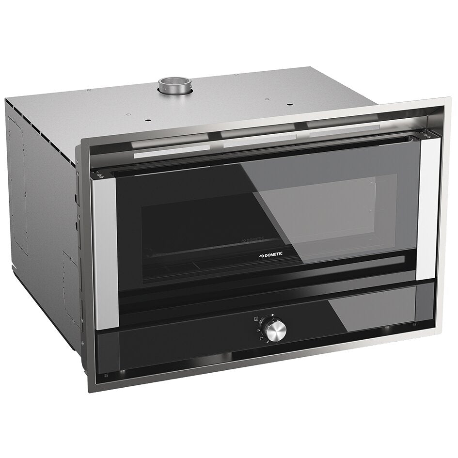 Backofen OVN 0250 im Einbauformat mit schwarzer Glasfront, Edelstahlrahmen und seitlichen Griffleisten, unten mittig sichtbarer runder Knopf zur Bedienung