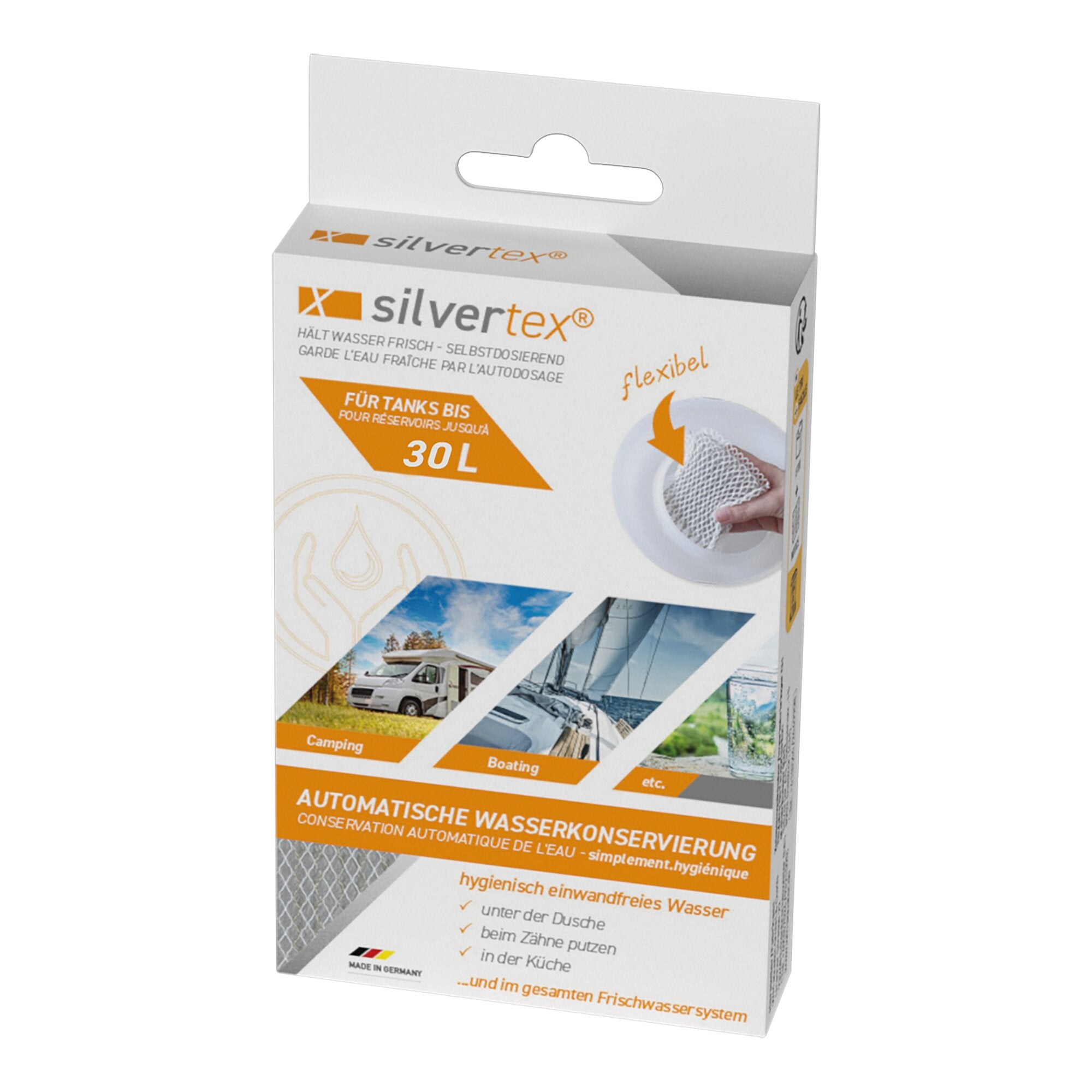 Verpackung eines Silvertex Wasserkonservierungssystems, 30 L, weiße Box mit orangefarbenem Logo, Grifföffnung oben, Abbildungen zu Camping und Bootfahren