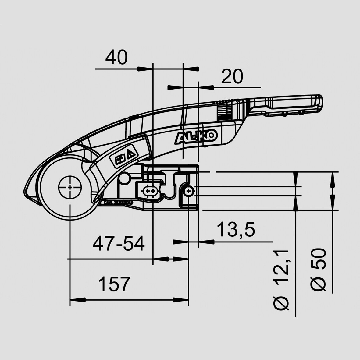 Seitenansicht einer Sicherheitskupplung AKS 3004 als technische Zeichnung mit Abmessungen Ø50, Ø12,1 und Länge 157 mm sowie Markierungen 40/20