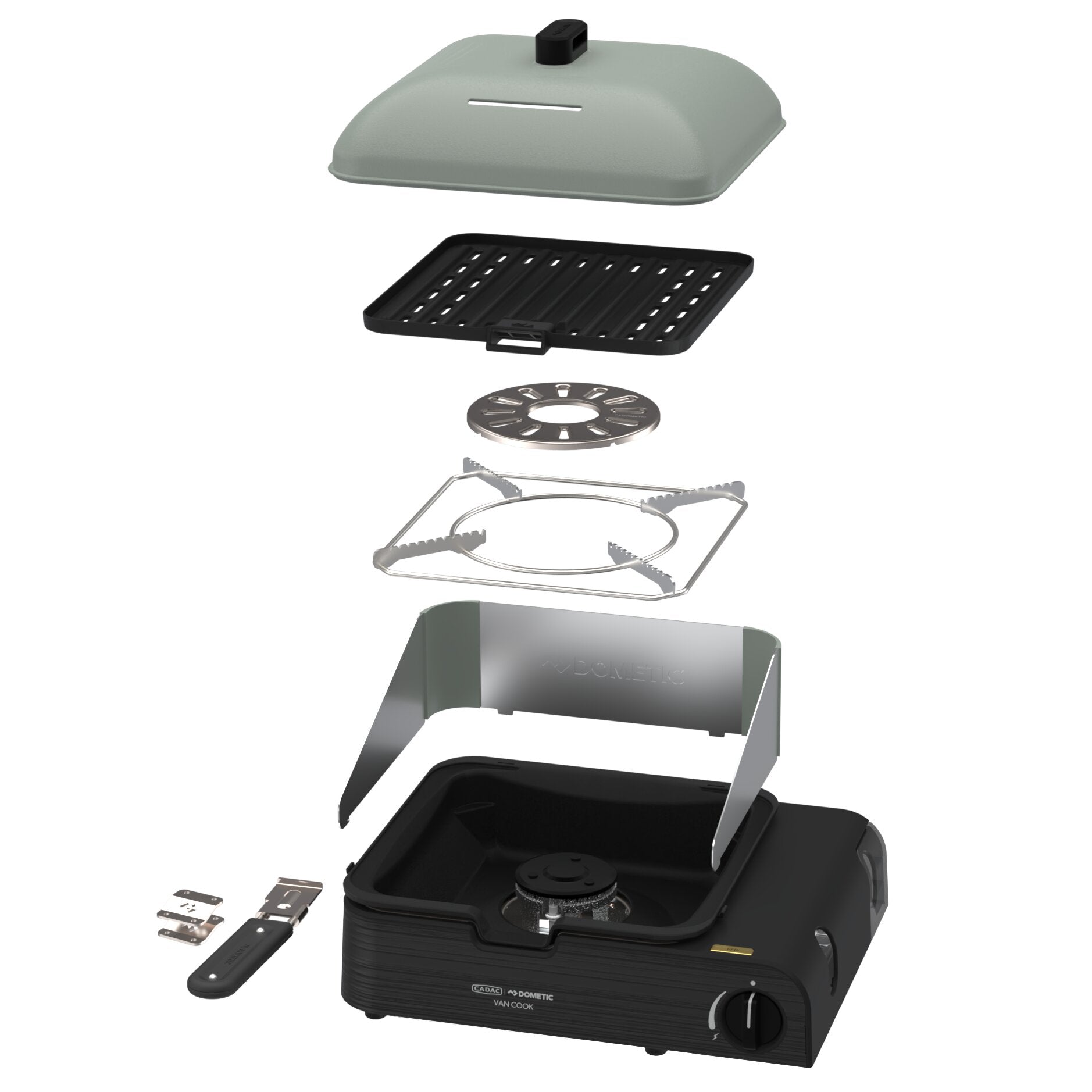 Zerlegter Aufbau des Campingkochers Van Cook FFD Combo: olivgrüner Deckel, Grillplatte, Brennerteil, Metallring, Zange und Gehäuse mit Drehknopf