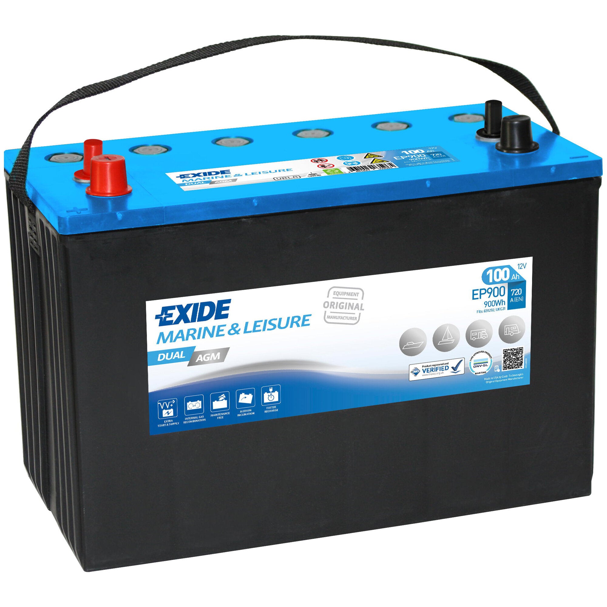 Batterie mit blauem Deckel und schwarzem Gehäuse, roter Pluspol links, schwarzer Minuspol rechts, Trageband oben, Exide Marine & Leisure Dual AGM 100 Ah