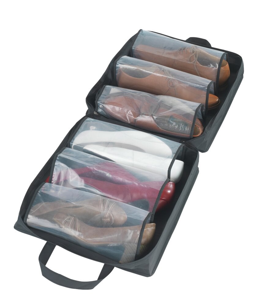 WENKO Deep Black Schuhtasche geöffnet zur übersichtlichen Schuhaufbewahrung