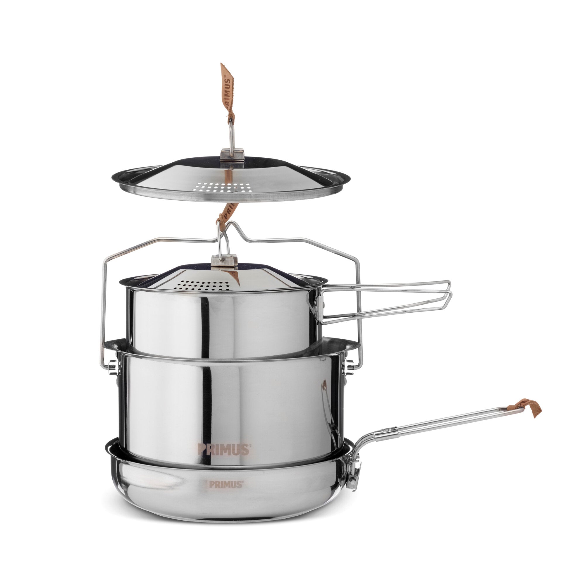 Campfire Kochtopf-Set L aus Edelstahl mit Deckel mit Löchern, Drahtgestell um den Topf und Lederband mit Primus-Logo
