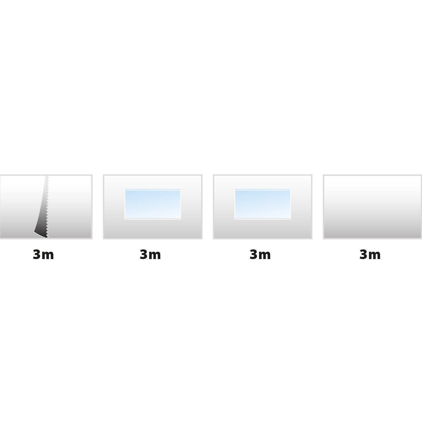 Diagramm des Seitenwandsets Zebò Enjoy 2 mit vier 3 m Segmenten; linke Wand mit Reißverschluss, zwei Wände mit Fenstern, vierte Wand grau
