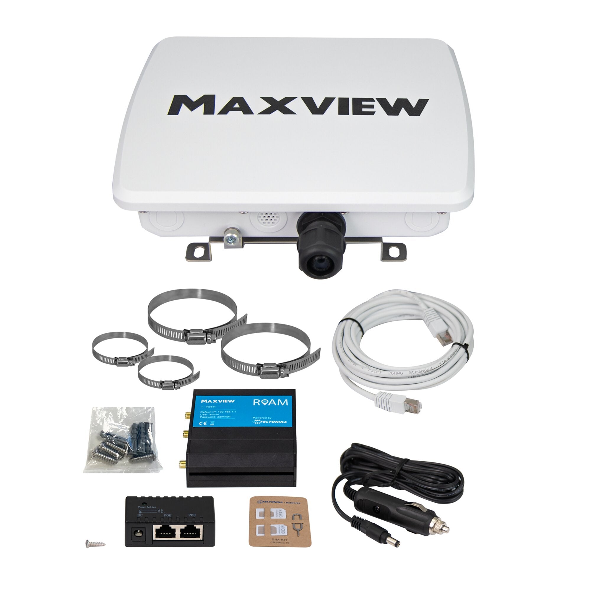 Maxview Roam Basecamp Set mit weißem Gehäuse, Logo, Netzwerkkabel, Montageschienen, Bandklemmen, Schrauben, Netzteil und blauem Roam-Modul