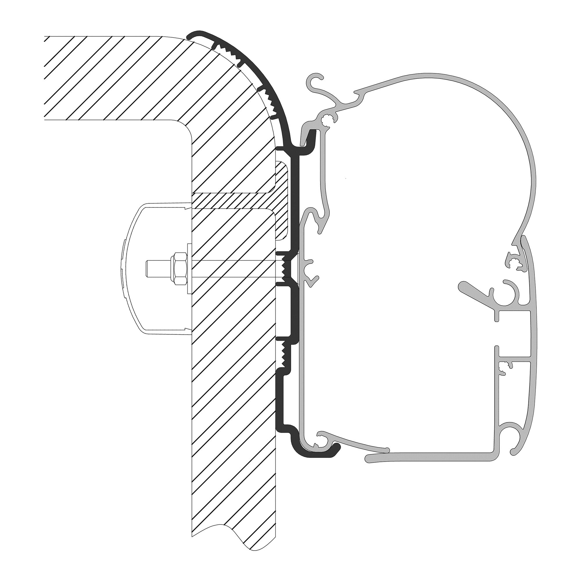Technische Schnittzeichnung eines Adapters zwischen Bürstner-Wand und Dometic Markise Serie 1, Querschnitt mit Schraube und Dichtung