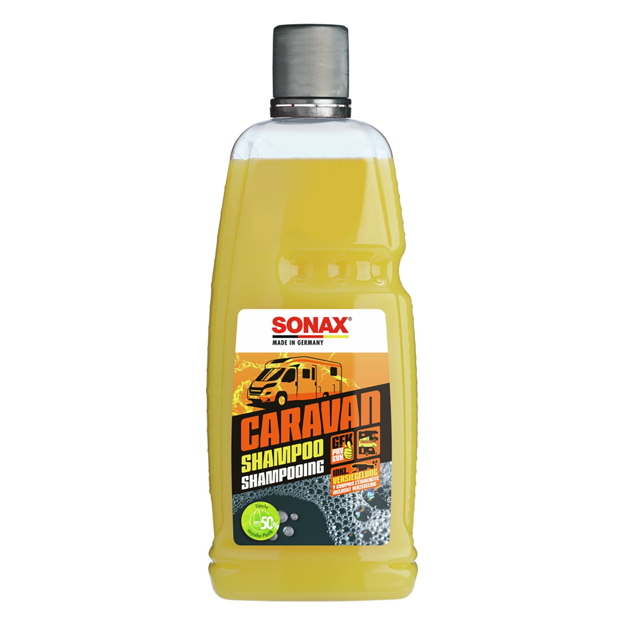 Gelbe Kunststoffflasche mit schwarzer Kappe, Etikett mit CARAVAN SHAMPOO, SONAX-Logo und Caravan-Motiv sichtbar