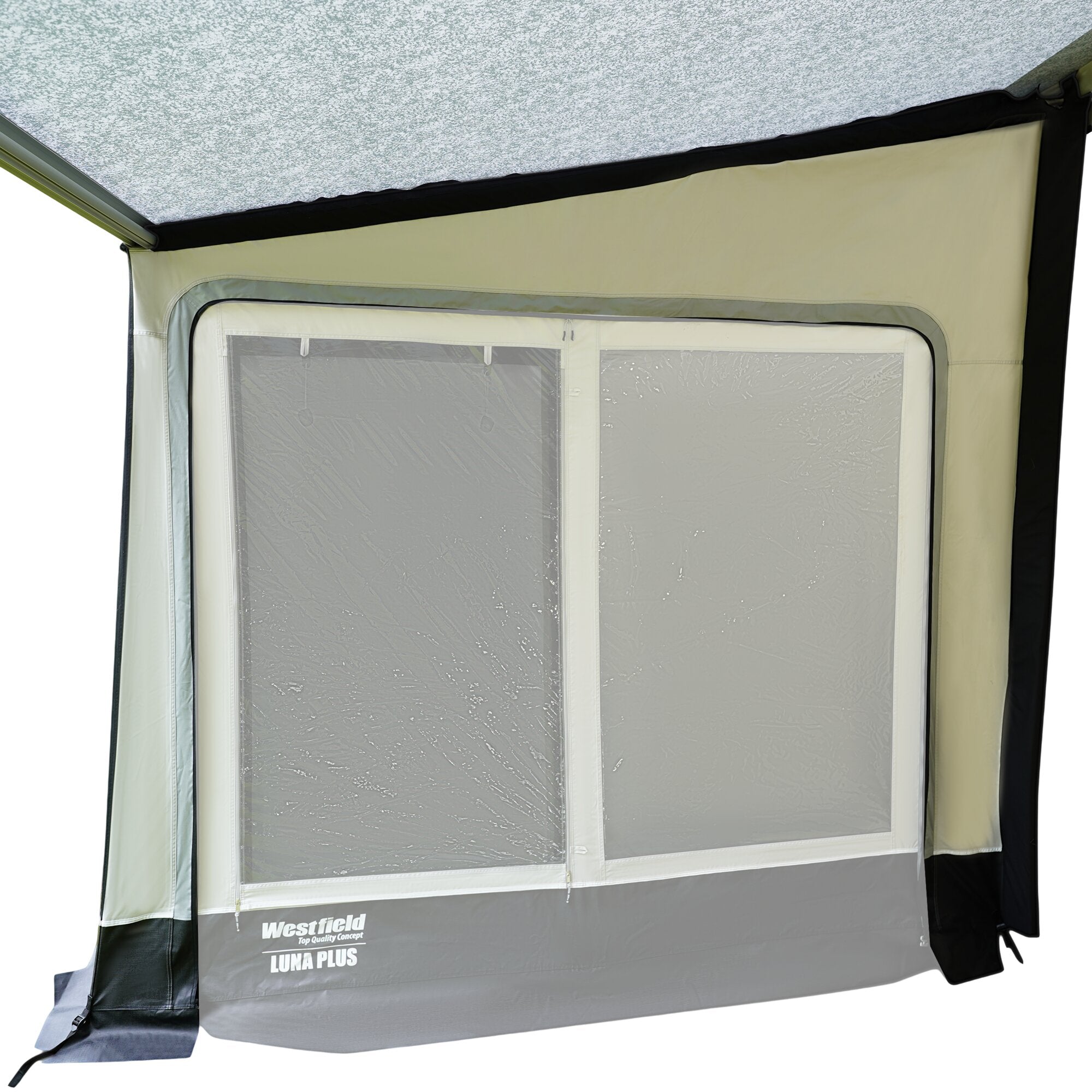 Verandarahmen Luna Plus rechts, beige Stoffwand mit transparenter Frontfenster und Reißverschluss, grauer Bodenteil mit Westfield LUNA PLUS