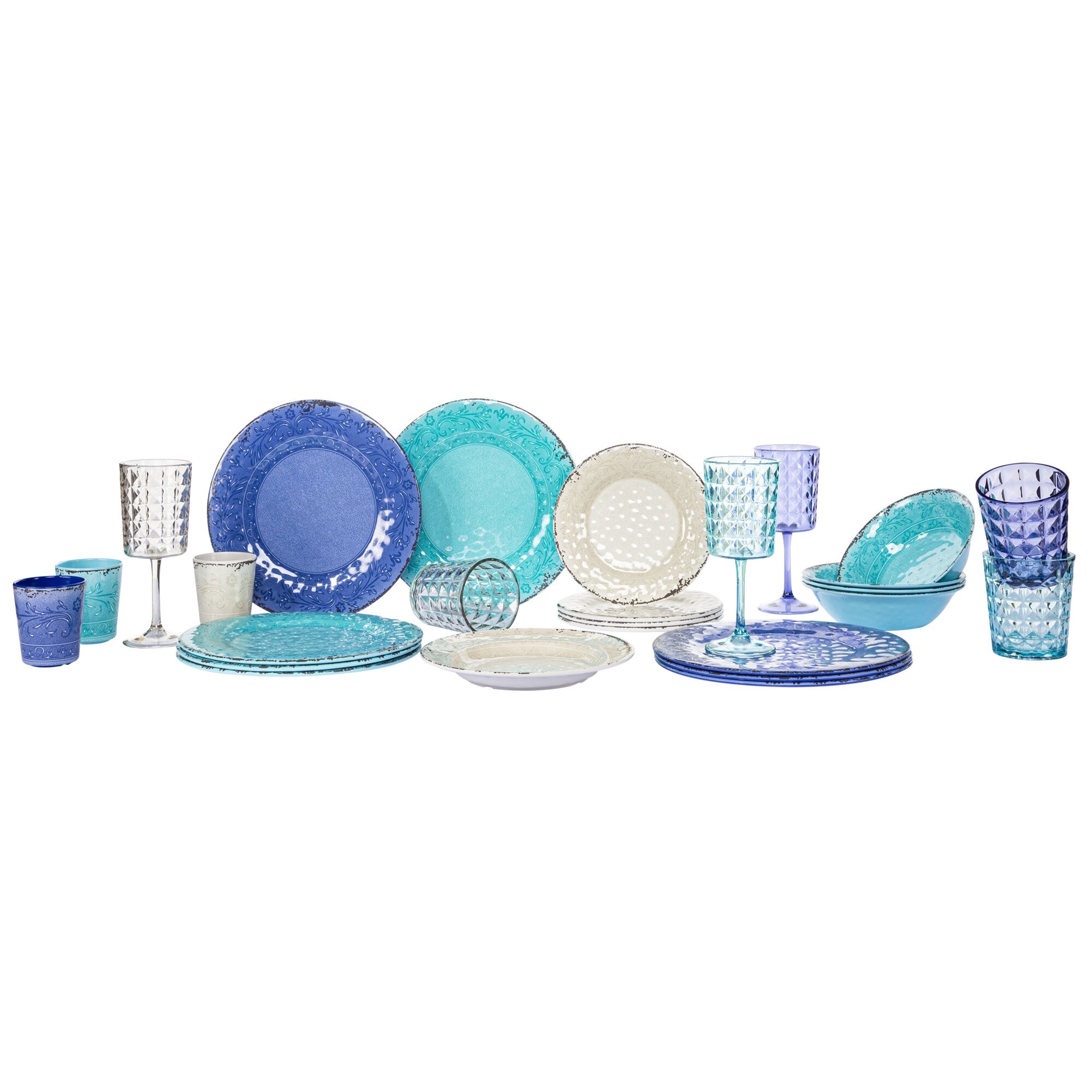Vielfarbige Steinzeug-Geschirr-Sammlung mit opalen Blau- und Türkis- sowie Cremetönen, ornamentierte Teller und Gläser der Stone Line Opal
