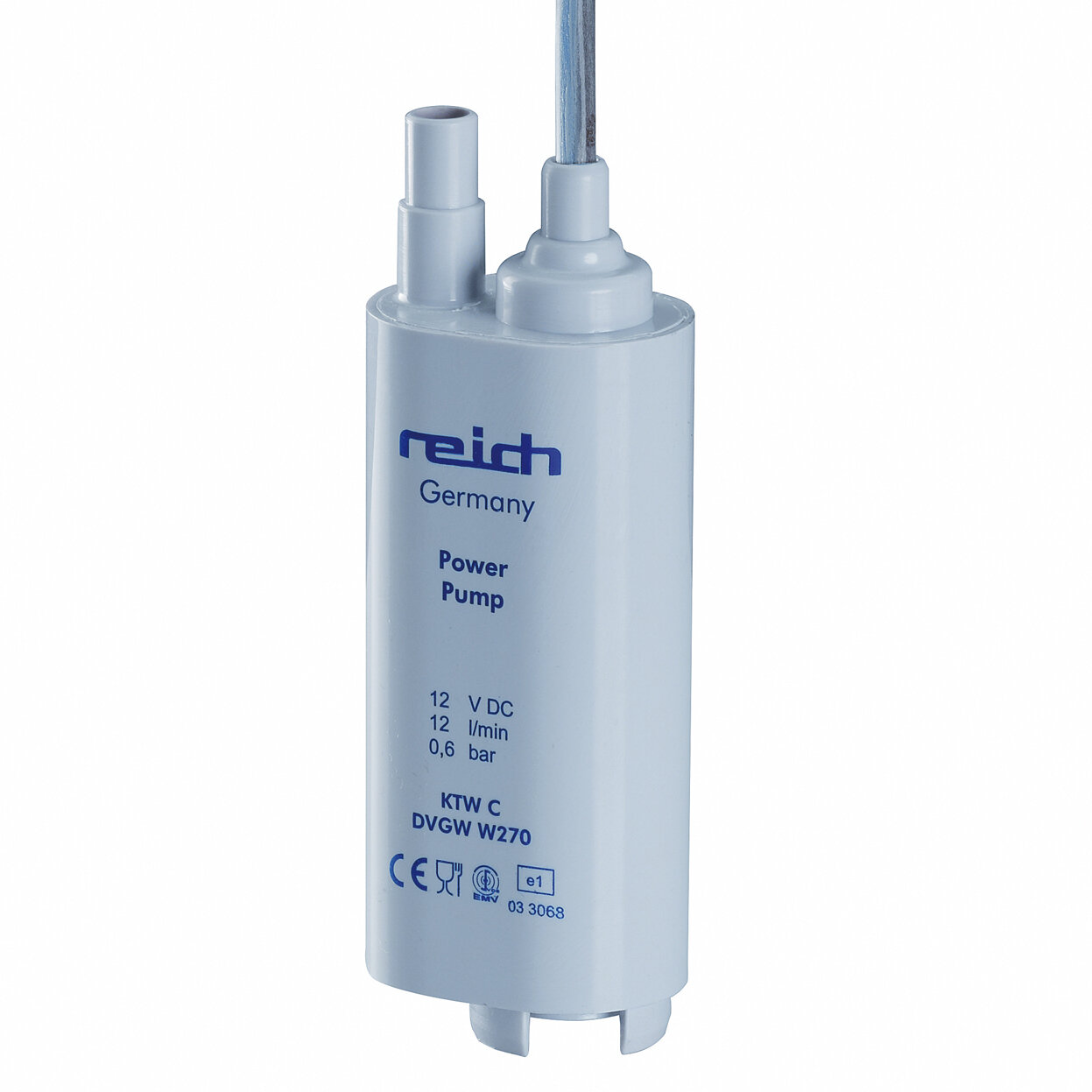 Kompakte weiße Tauchpumpe mit zwei oberen Anschlüssen, Beschriftung Reich Germany Power Pump, 12 V DC, 12 l/min, 0,6 bar