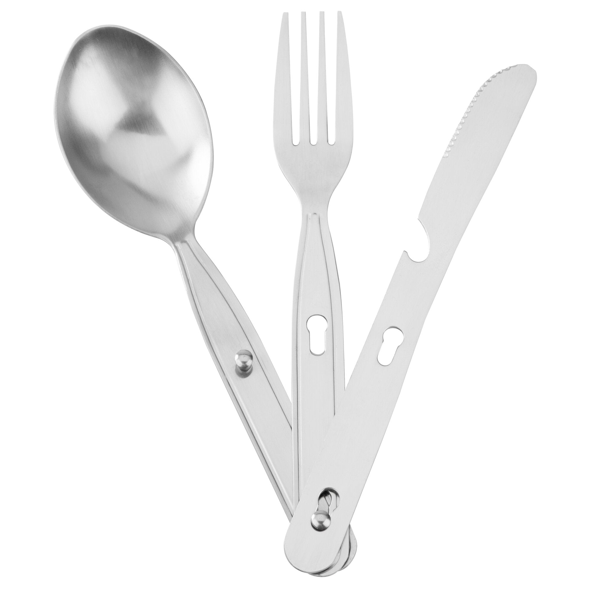 Nahaufnahme eines Edelstahl-Essbestecks Basic: Löffel links, Gabel in der Mitte, Messer rechts vor weißem Hintergrund