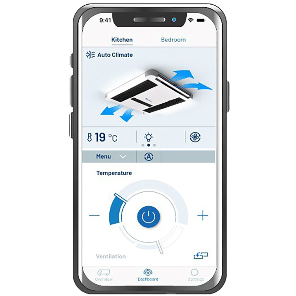 Smartphone-Display zeigt Breezonic App zur Steuerung eines schwarzen Breezonic Slim Plus HP Klimasystems; Temperatur 19 °C, runder Regler