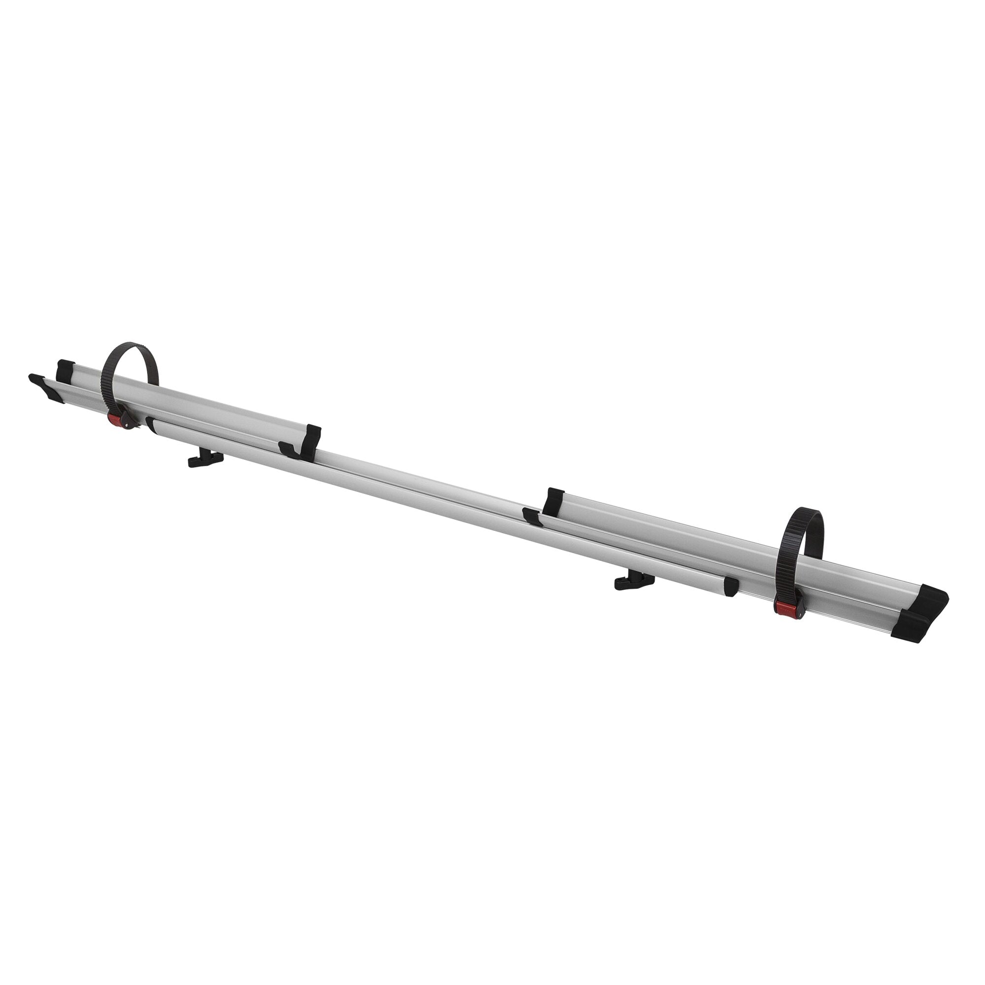 Lange silberne Fahrradschiene Rail Quick C mit schwarzen Halteklammern, roten Verstellschlössern und Endkappen aus Kunststoff Seitenansicht