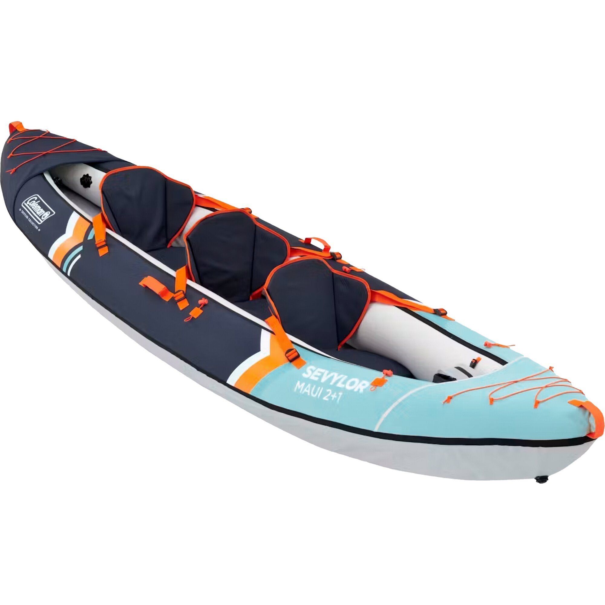 Sevylor Maui 2+ aufblasbares Kajak, dunkelblauer Rumpf mit orangefarbenen Schnüren, hellblaues Bugende und sichtbare Bungee-Gurte